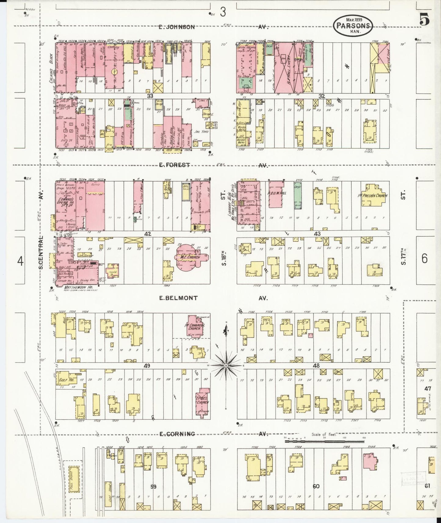 Sanborn Fire Insurance Map from Parsons, Labette County, Kansas (1899), Sheet #0005 - Historic Sanborn Fire Insurance Map Print, vintage old map wall art, antique decor, genealogy gift, Kansas Kansas map