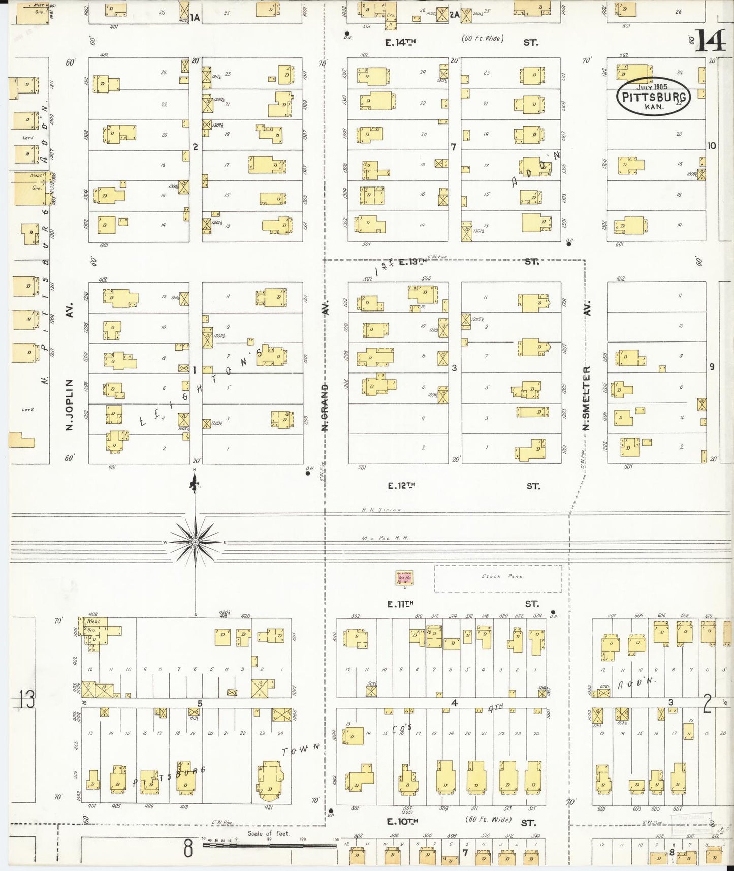 Sanborn Fire Insurance Map from Pittsburg, Crawford County, Kansas (1905), Sheet #0014 - Historic Sanborn Fire Insurance Map Print, vintage old map wall art, antique decor, genealogy gift, Kansas Kansas map