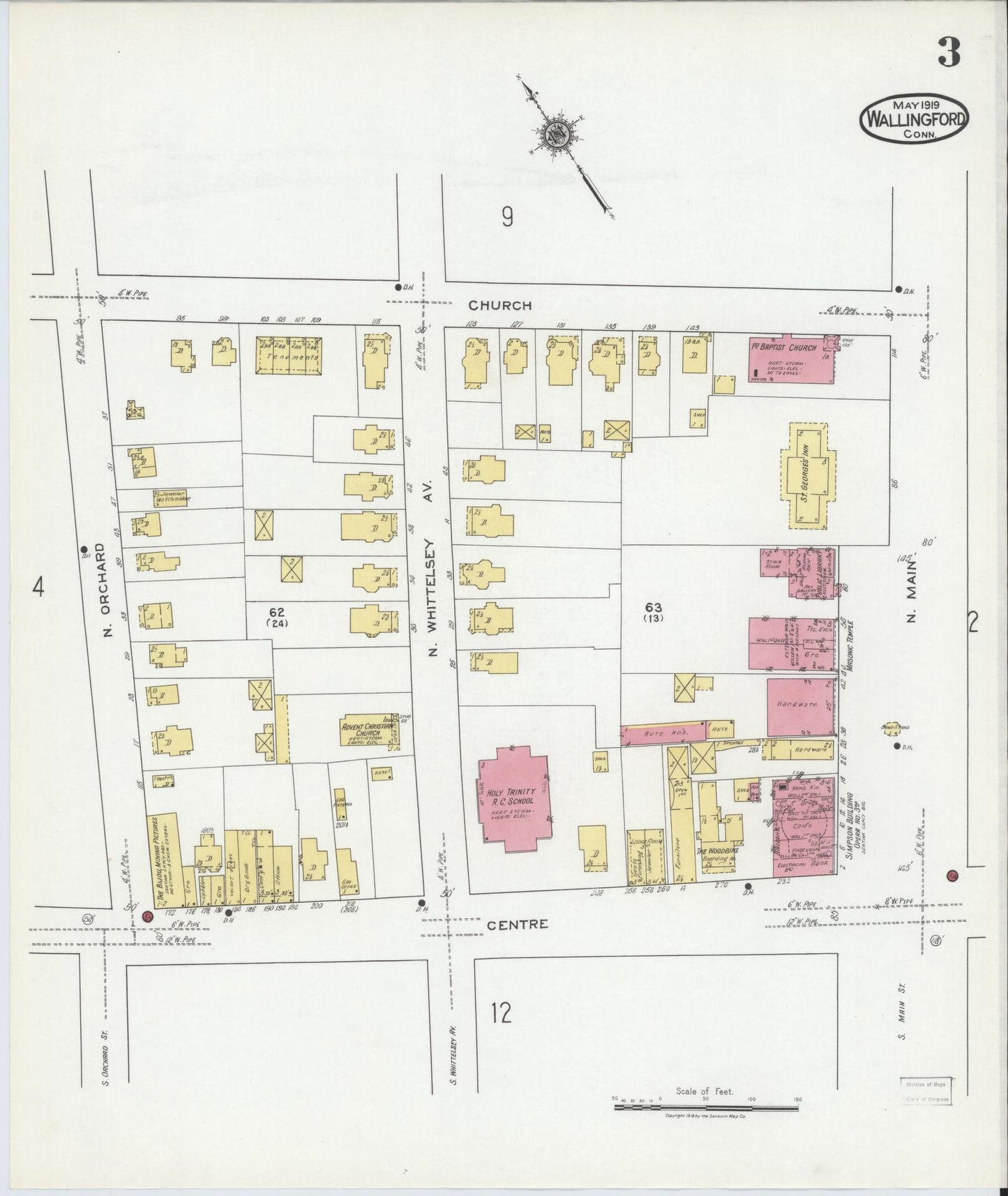 Sanborn Fire Insurance Map from Wallingford, New Haven County, Connecticut (1919), Sheet #0003 - Historic Sanborn Fire Insurance Map Print, vintage old map wall art, antique decor, genealogy gift, Connecticut Connecticut map