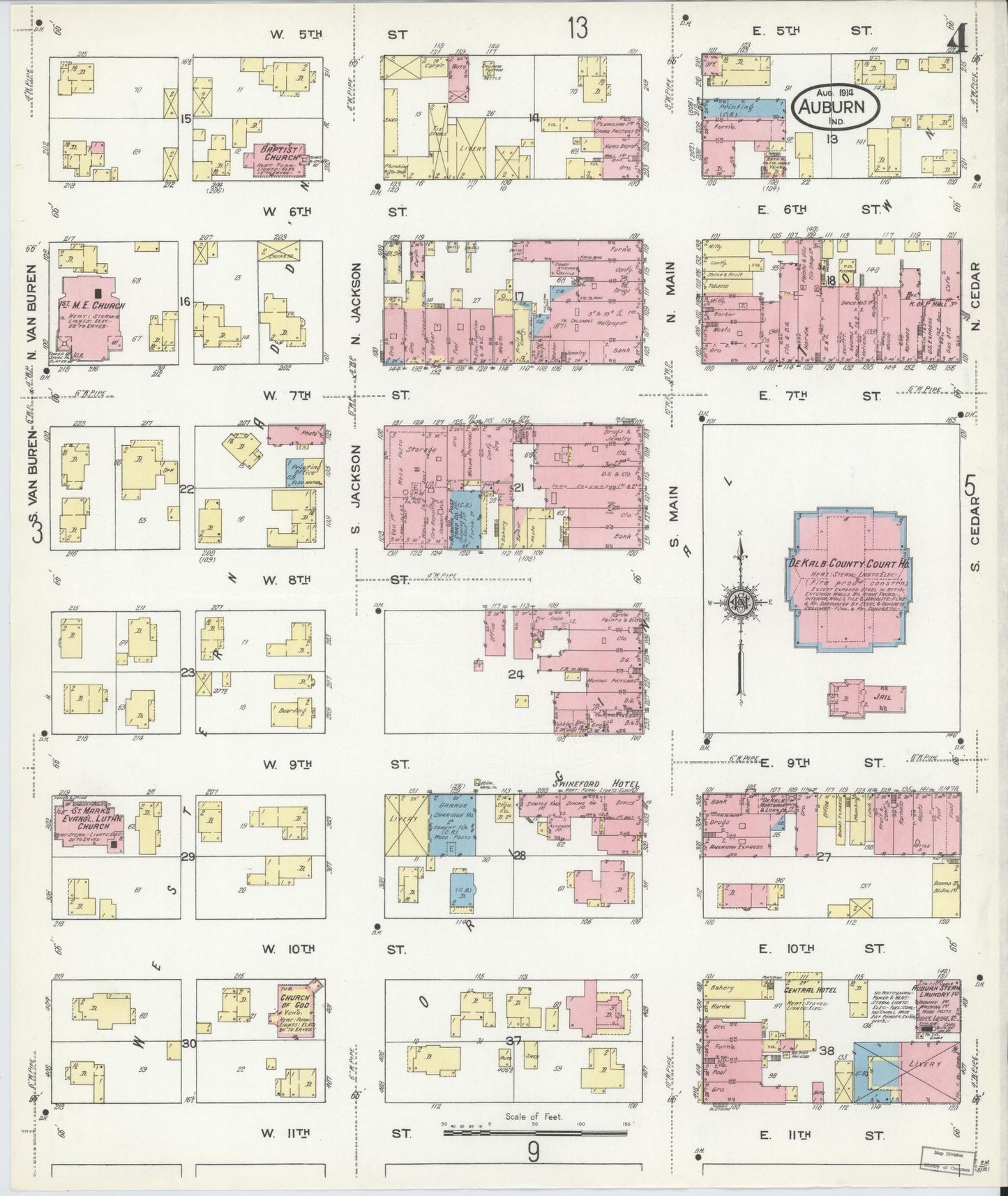 Sanborn Fire Insurance Map from Auburn, De Kalb County, Indiana (1914), Sheet #0004 - Historic Sanborn Fire Insurance Map Print, vintage old map wall art, antique decor, genealogy gift, Indiana Indiana map