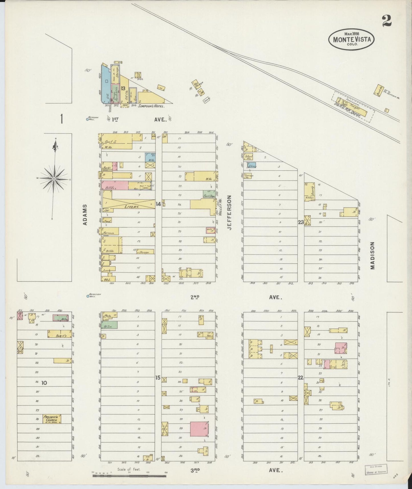 Sanborn Fire Insurance Map from Monte Vista, Rio Grande County, Colorado (1898), Sheet #0002 - Complete Map Set gallery image, historic Sanborn map, vintage wall art, Colorado Colorado