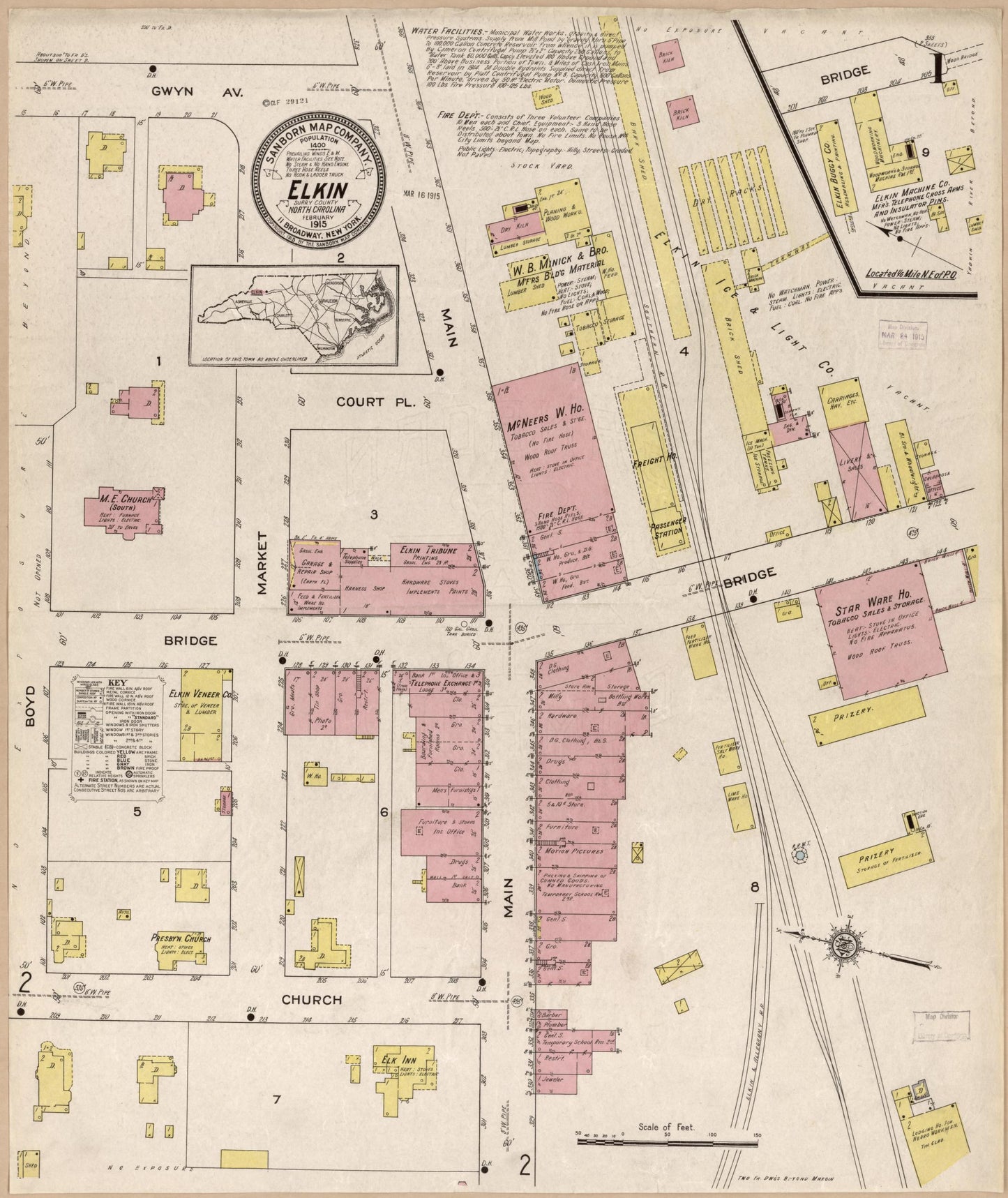 Sanborn Fire Insurance Map from Elkin, Surrey County, North Carolina (1915), Sheet #0001 - Historic Sanborn Fire Insurance Map Print, vintage old map wall art, antique decor, genealogy gift, North Carolina North Carolina map