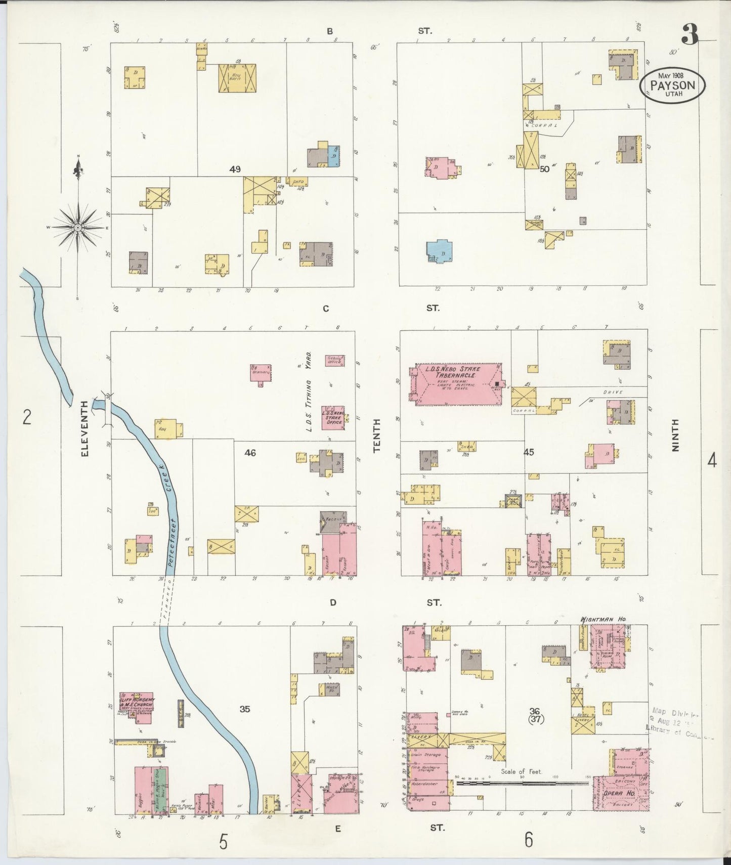 Sanborn Fire Insurance Map from Payson, Utah County, Utah (1908), Sheet #0003 - Historic Sanborn Fire Insurance Map Print, vintage old map wall art, antique decor, genealogy gift, Payson Utah map