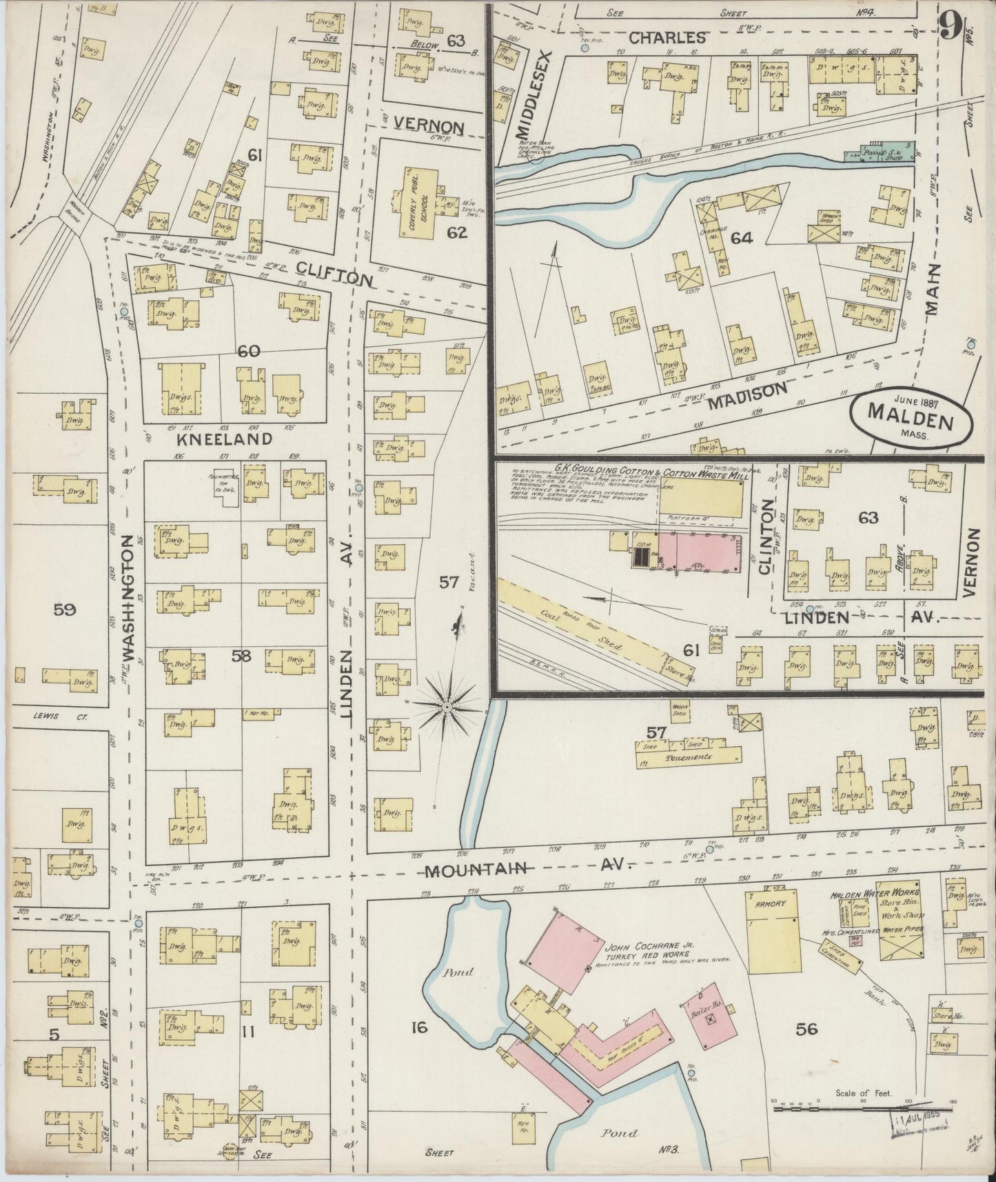 Sanborn Fire Insurance Map from Malden, Middlesex County, Massachusetts (1887), Sheet #0009 - Historic Sanborn Fire Insurance Map Print, vintage old map wall art, antique decor, genealogy gift, Massachusetts Massachusetts map
