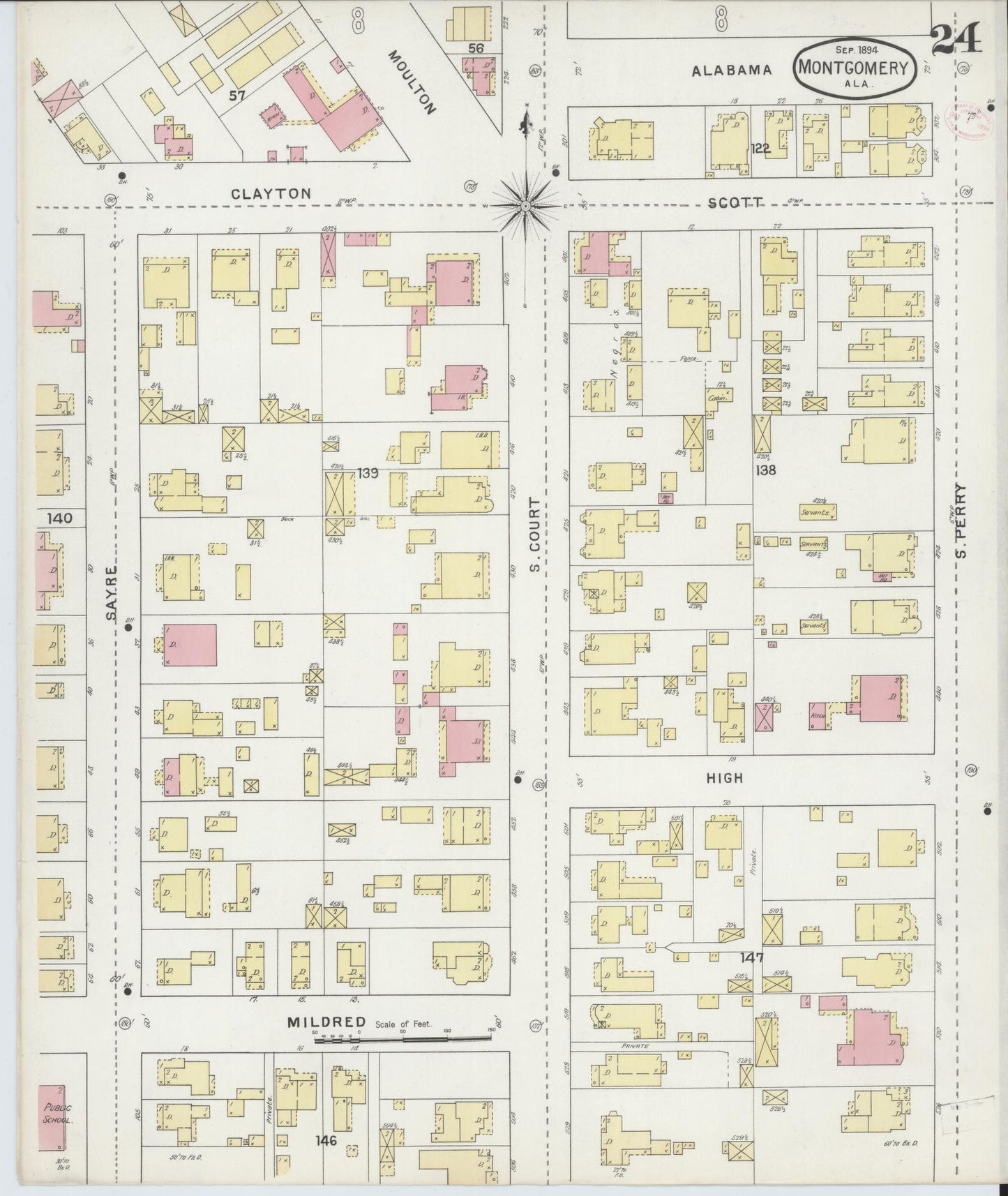Sanborn Fire Insurance Map from Montgomery, Montgomery County, Alabama (1894), Sheet #0024 - Historic Sanborn Fire Insurance Map Print, vintage old map wall art, antique decor, genealogy gift, Alabama Alabama map