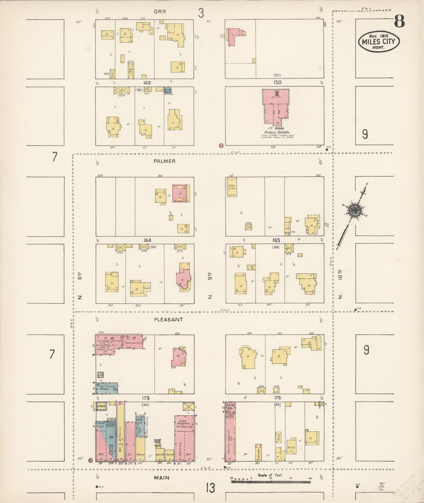 Sanborn Fire Insurance Map from Miles City, Custer County, Montana (1910), Sheet #0008 - Historic Sanborn Fire Insurance Map Print, vintage old map wall art, antique decor, genealogy gift, Montana Montana map