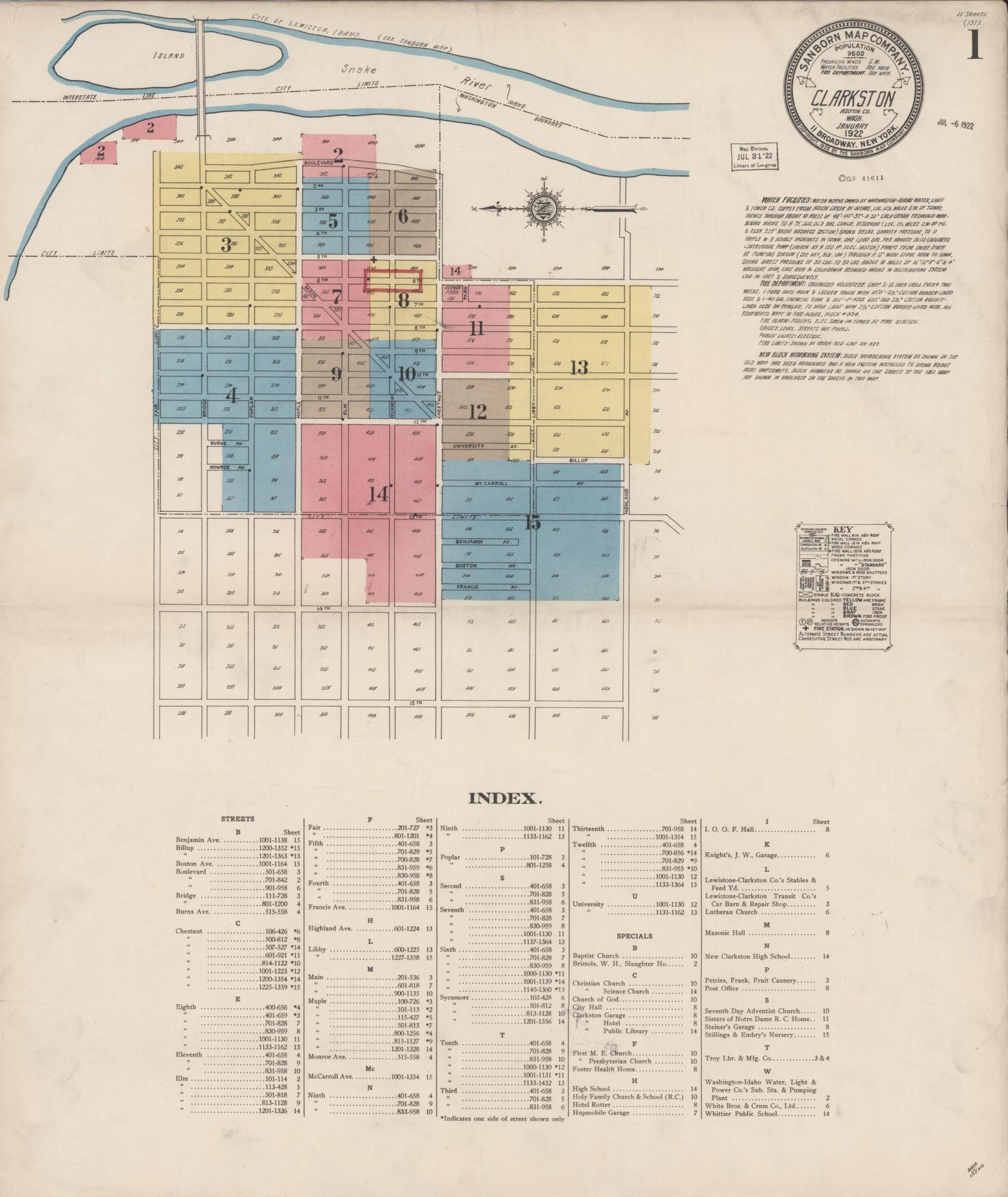 Sanborn Fire Insurance Map from Clarkston, Asotin County, Washington (1922), Sheet #0001 - Historic Sanborn Fire Insurance Map Print, vintage old map wall art, antique decor, genealogy gift, Washington Washington map
