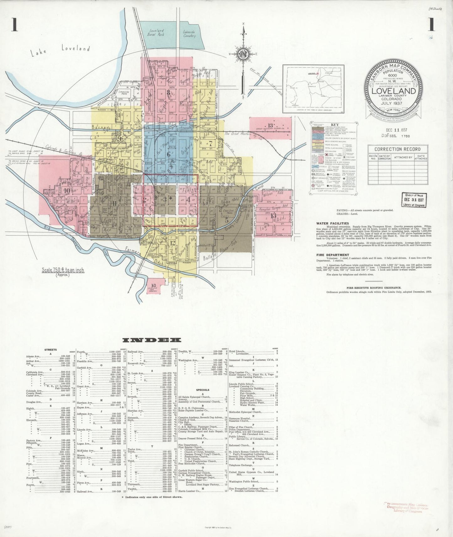 Sanborn Fire Insurance Map from Loveland, Larimer County, Colorado (1937), Sheet #0001 - Historic Sanborn Fire Insurance Map Print, vintage old map wall art, antique decor, genealogy gift, Colorado Colorado map