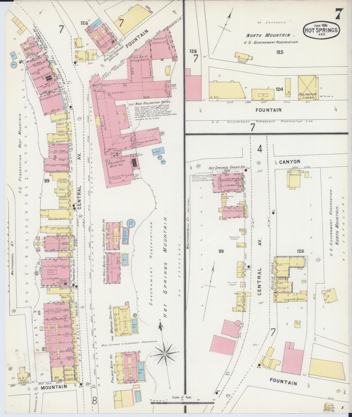 Sanborn Fire Insurance Map from Hot Springs, Garland County, Arkansas (1896), Sheet #0007 - Historic Sanborn Fire Insurance Map Print, vintage old map wall art, antique decor, genealogy gift, Arkansas Arkansas map