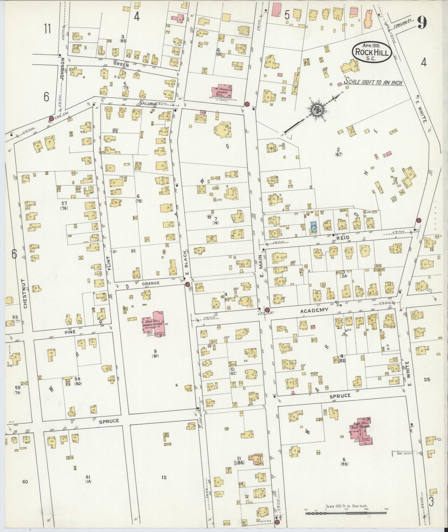 Sanborn Fire Insurance Map from Rock Hill, York County, South Carolina (1916), Sheet #0009 - Historic Sanborn Fire Insurance Map Print, vintage old map wall art, antique decor, genealogy gift, South Carolina South Carolina map