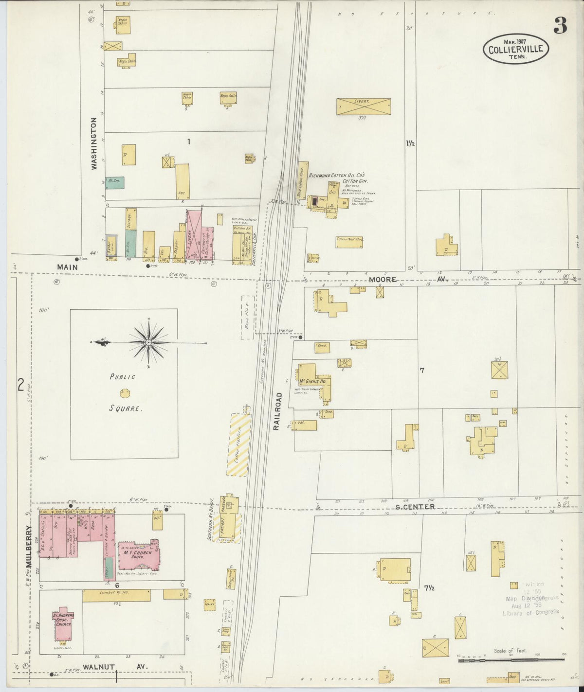 Sanborn Fire Insurance Map from Collierville, Shelby County, Tennessee (1907), Sheet #0003 - Complete Map Set gallery image, historic Sanborn map, vintage wall art, Tennessee Tennessee