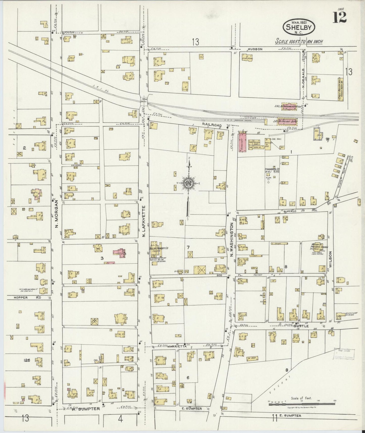 Sanborn Fire Insurance Map from Shelby, Cleveland County, North Carolina (1921), Sheet #0012 - Historic Sanborn Fire Insurance Map Print, vintage old map wall art, antique decor, genealogy gift, North Carolina North Carolina map
