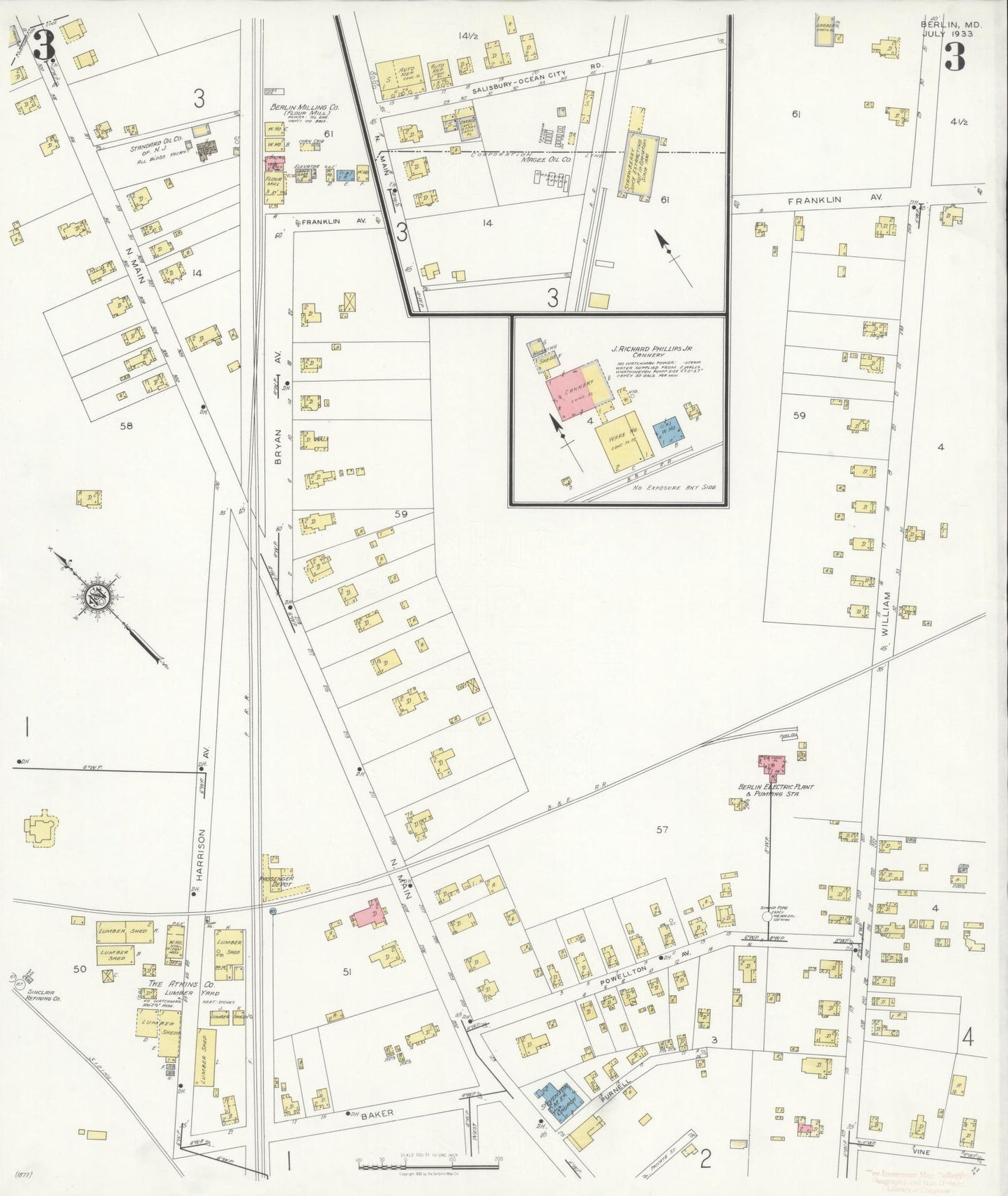 Worcester, Maryland - 1933 - Sanborn Fire Insurance Map, Sheet #0003 - Historic Sanborn Fire Insurance Map Print, Worcester Maryland 1933 0003 vintage old map wall art