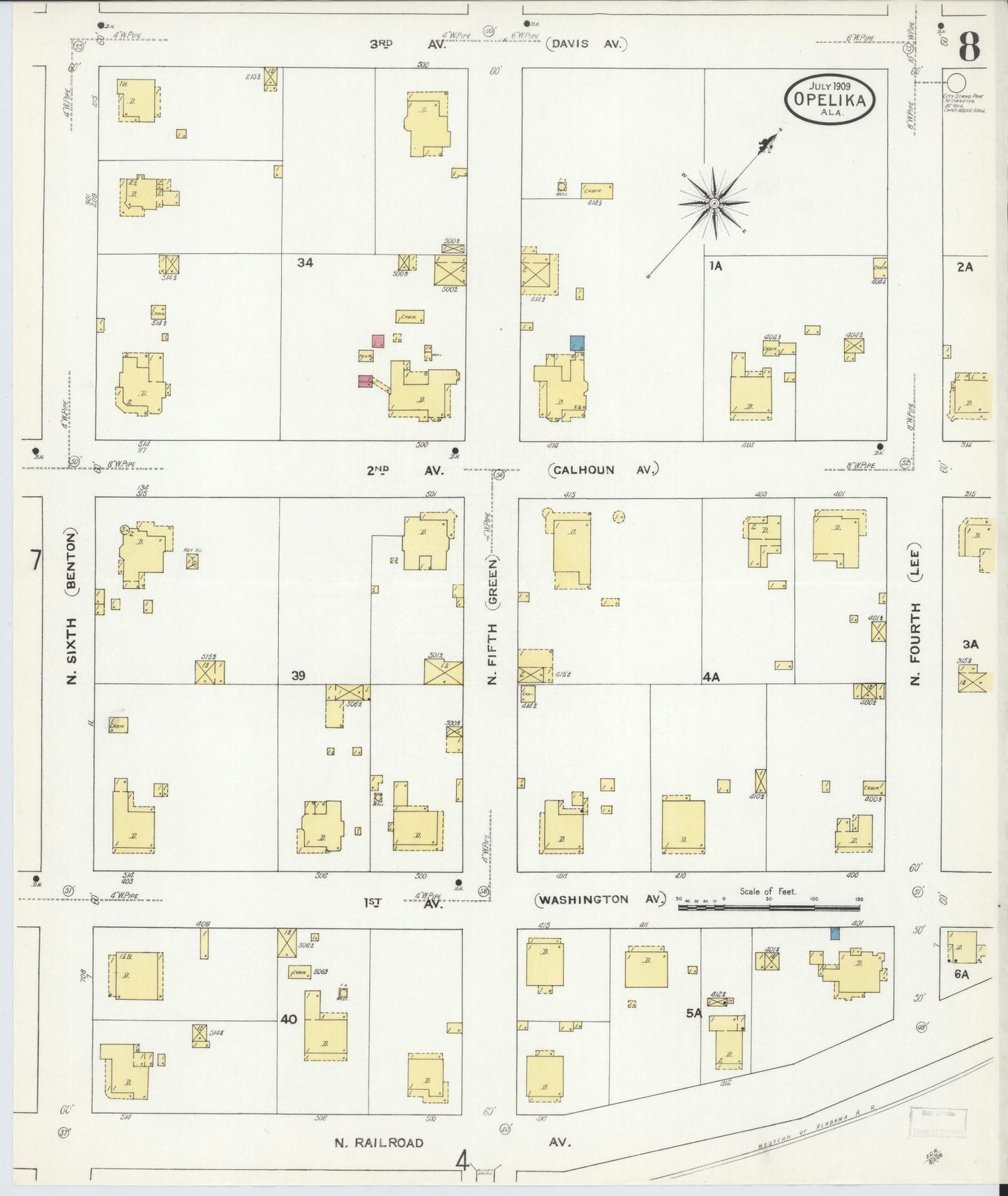 Sanborn Fire Insurance Map from Opelika, Lee County, Alabama (1909), Sheet #0008 - Historic Sanborn Fire Insurance Map Print, vintage old map wall art, antique decor, genealogy gift, Alabama Alabama map
