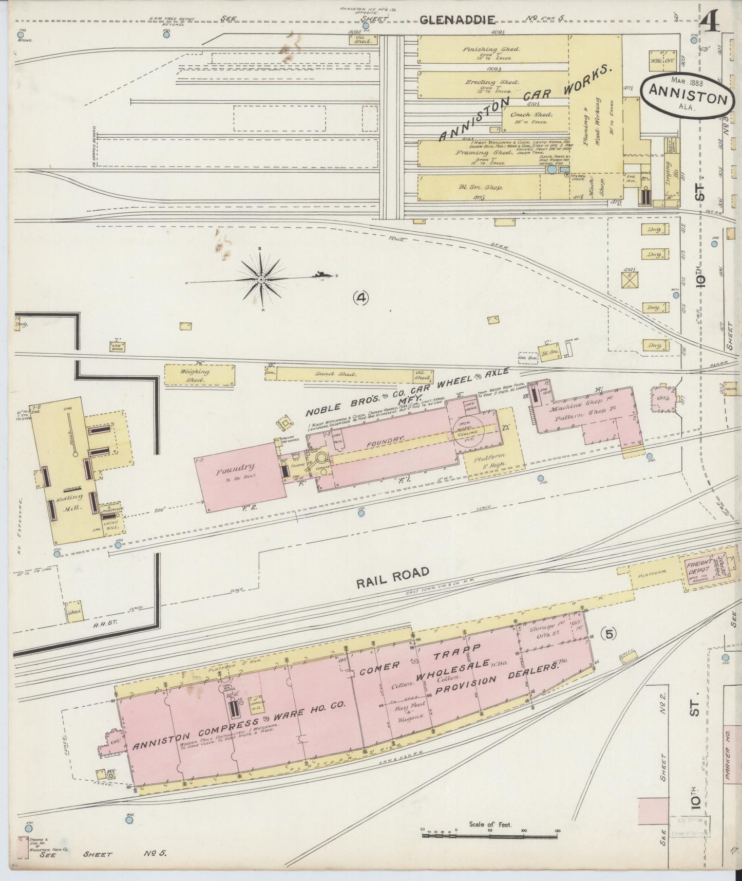 Sanborn Fire Insurance Map from Anniston, Calhoun County, Alabama (1888), Sheet #0004 - Historic Sanborn Fire Insurance Map Print, vintage old map wall art, antique decor, genealogy gift, Alabama Alabama map