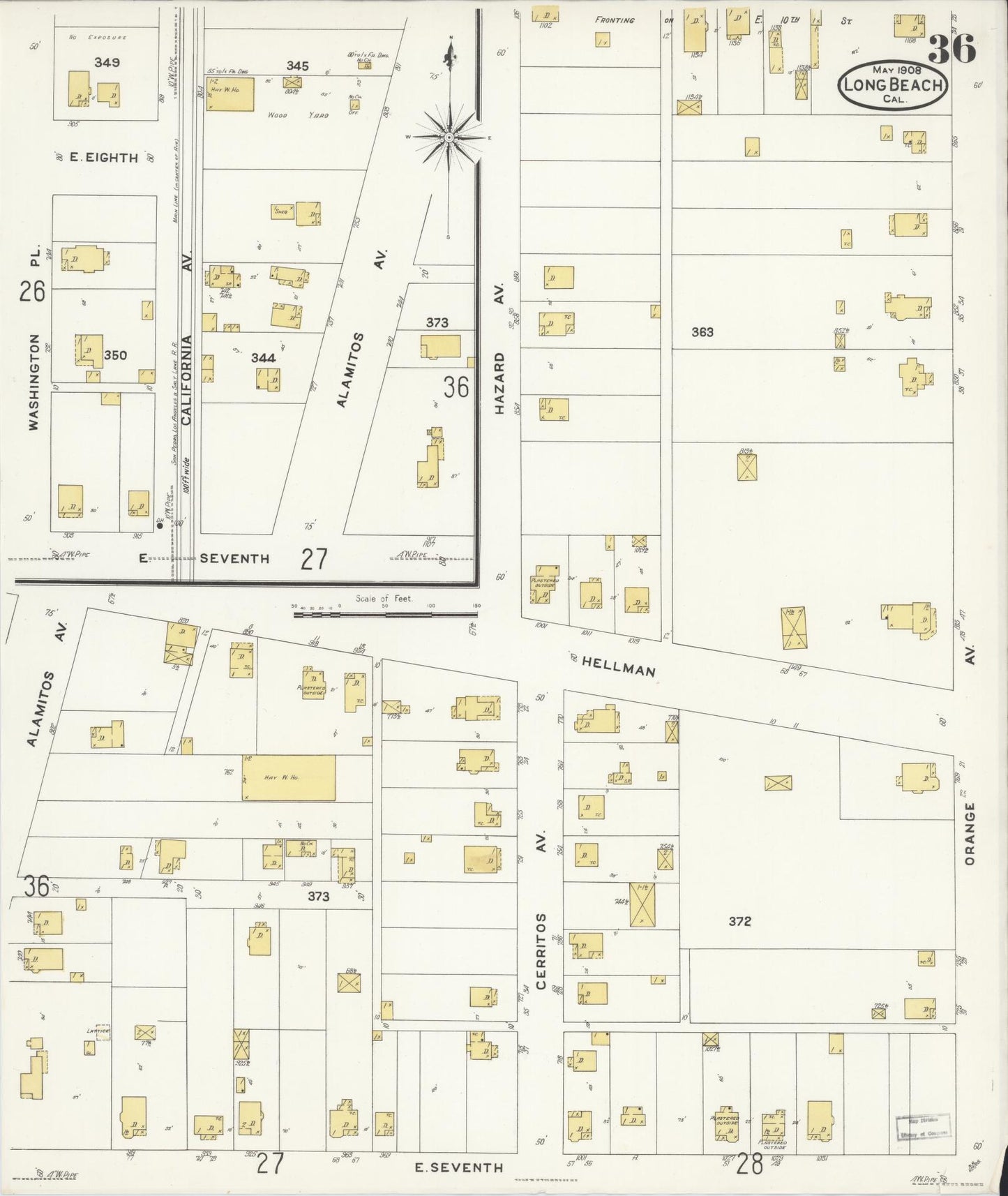 Sanborn Fire Insurance Map from Long Beach, Los Angeles County, California (1908), Sheet #0036 - Historic Sanborn Fire Insurance Map Print, vintage old map wall art, antique decor, genealogy gift, California California map