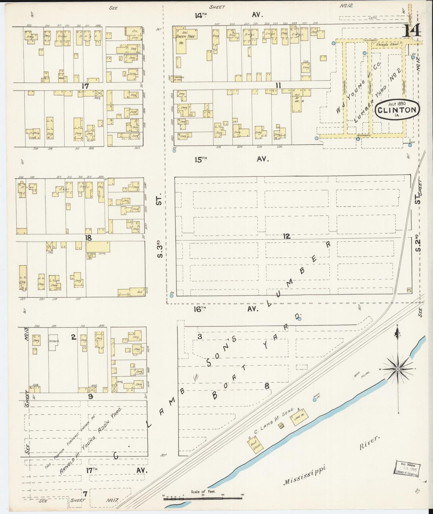 Sanborn Fire Insurance Map from Clinton, Clinton County, Iowa (1890), Sheet #0014 - Historic Sanborn Fire Insurance Map Print, vintage old map wall art