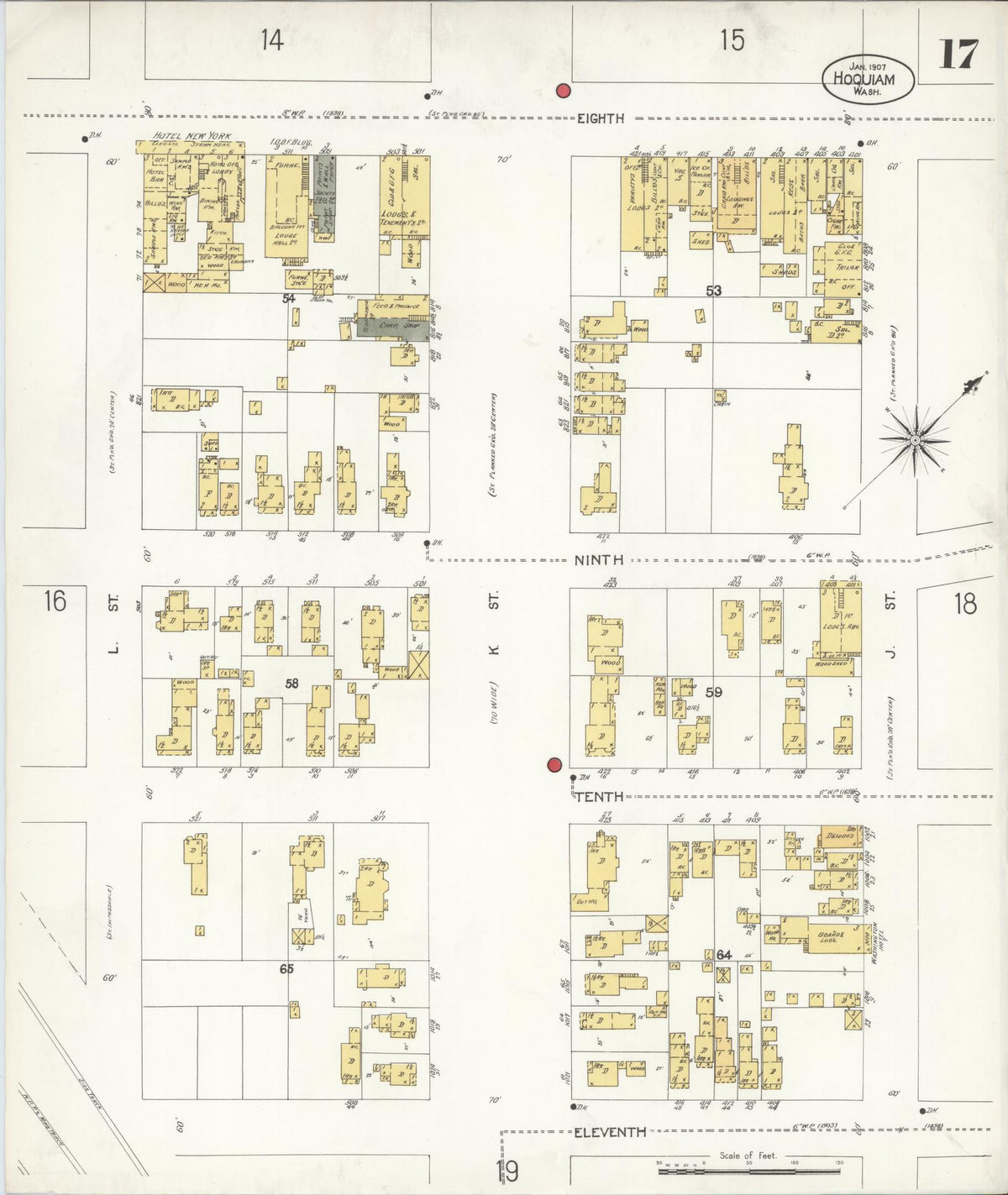 Sanborn Fire Insurance Map from Hoquiam, Grays Harbor County, Washington (1907), Sheet #0017 - Historic Sanborn Fire Insurance Map Print, vintage old map wall art, antique decor, genealogy gift, Washington Washington map
