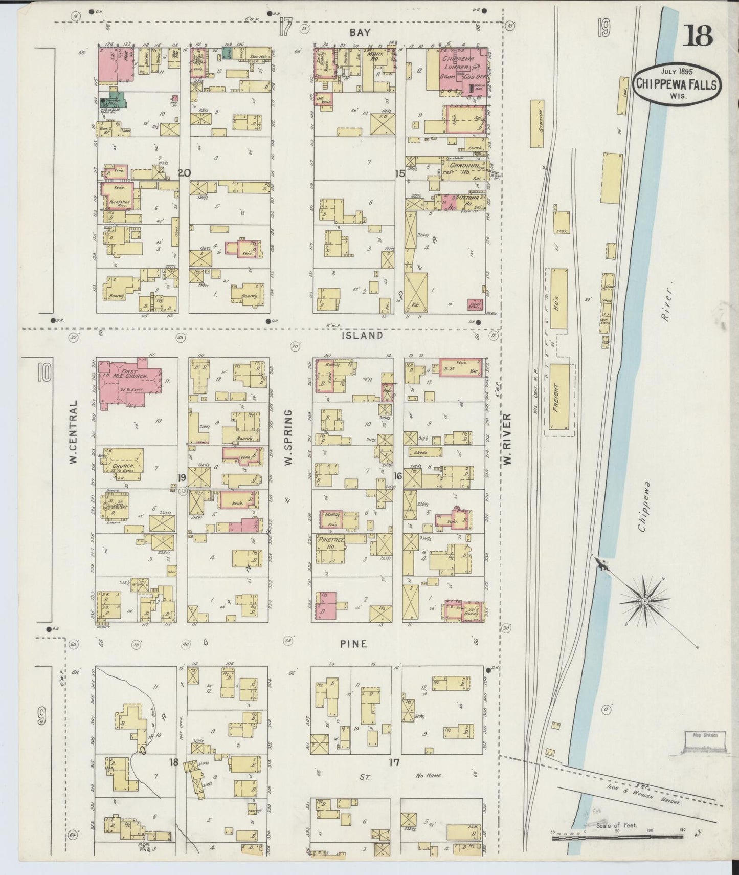 Sanborn Fire Insurance Map from Chippewa Falls, Chippewa County, Wisconsin (1895), Sheet #0018 - Historic Sanborn Fire Insurance Map Print, vintage old map wall art, antique decor, genealogy gift, Wisconsin Wisconsin map