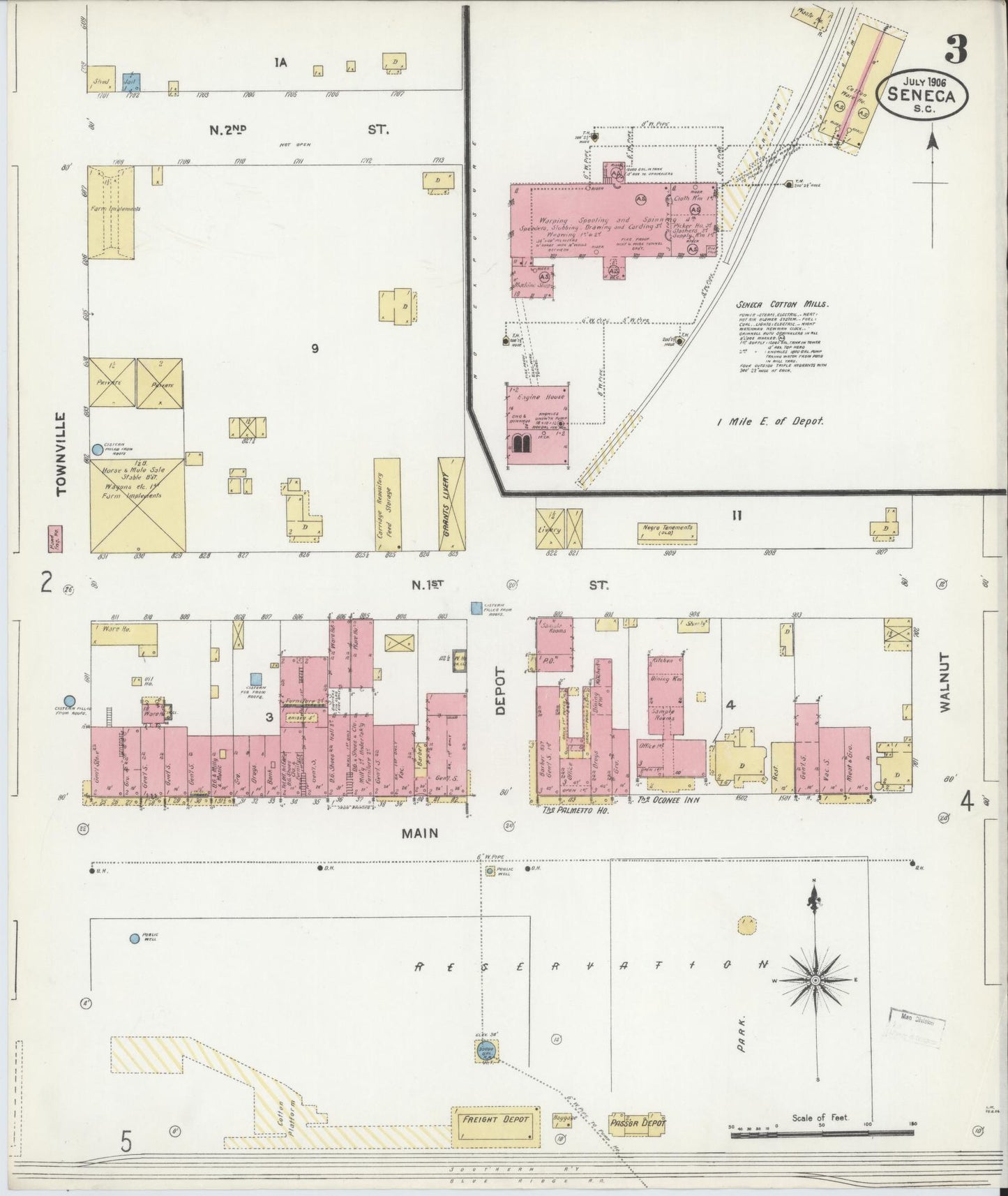 Sanborn Fire Insurance Map from Seneca, Oconee County, South Carolina (1906), Sheet #0003 - Historic Sanborn Fire Insurance Map Print, vintage old map wall art, antique decor, genealogy gift, South Carolina South Carolina map
