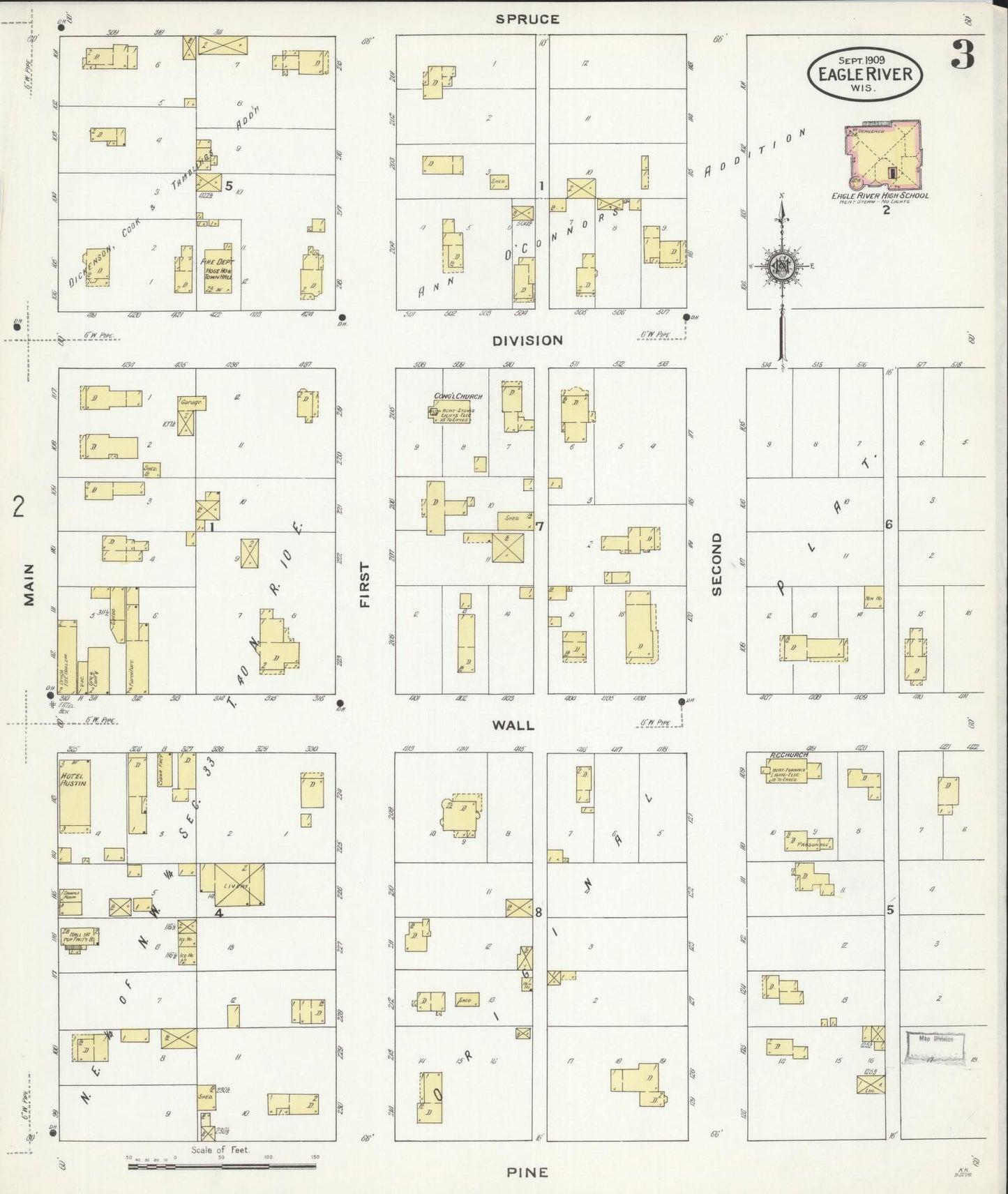 Sanborn Fire Insurance Map from Eagle River, Vilas County, Wisconsin (1909), Sheet #0003 - Historic Sanborn Fire Insurance Map Print, vintage old map wall art, antique decor, genealogy gift, Wisconsin Wisconsin map