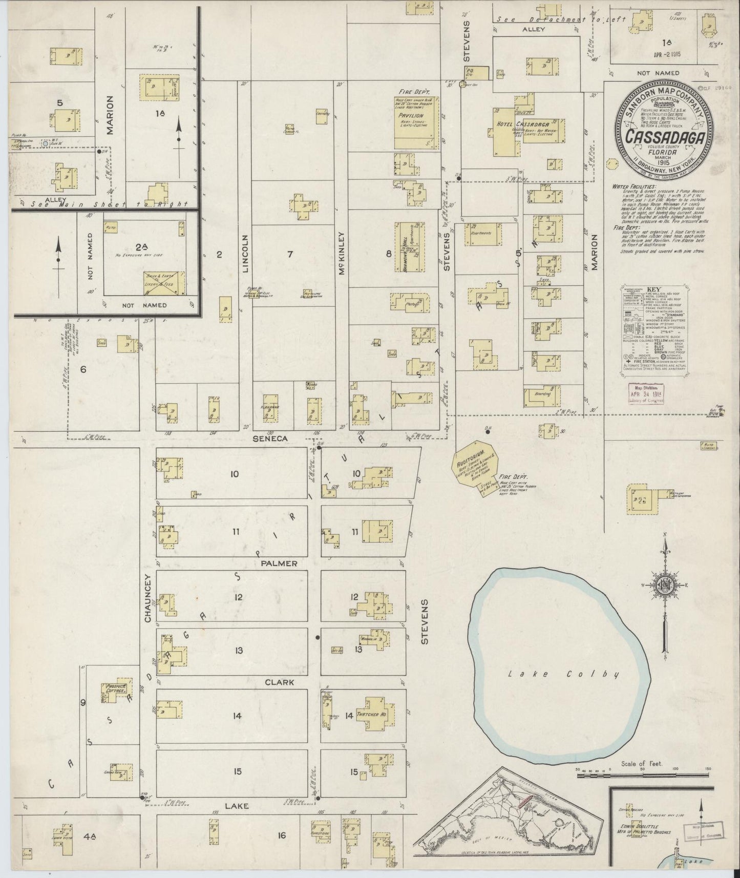 Sanborn Fire Insurance Map from Cassadaga, Volusia County, Florida (1915), Sheet #0001 - Historic Sanborn Fire Insurance Map Print, vintage old map wall art, antique decor, genealogy gift, Florida Florida map