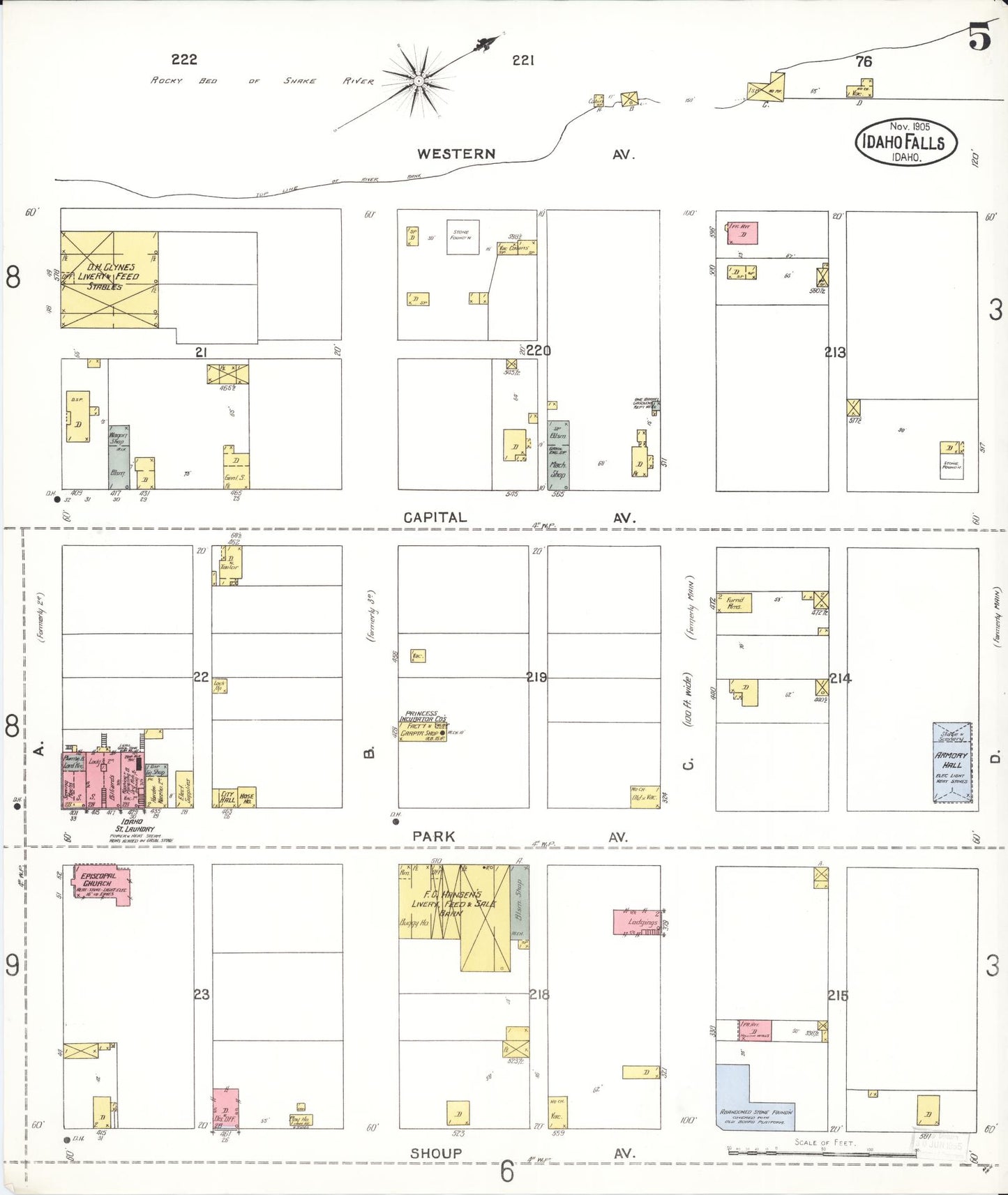 Sanborn Fire Insurance Map from Idaho Falls, Bonneville County, Idaho (1905), Sheet #0005 - Historic Sanborn Fire Insurance Map Print, vintage old map wall art, antique decor, genealogy gift, Idaho Idaho map