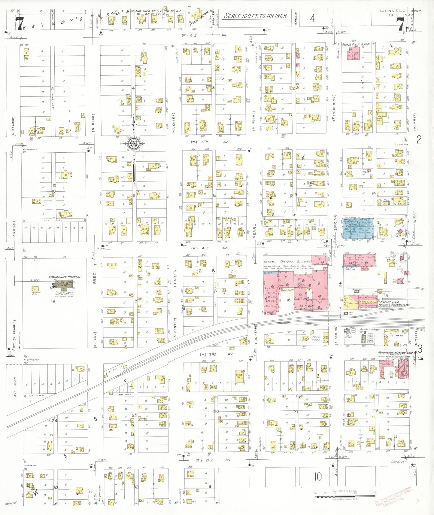 Sanborn Fire Insurance Map from Grinnell, Poweshiek County, Iowa (1932), Sheet #0007 - Historic Sanborn Fire Insurance Map Print, vintage old map wall art