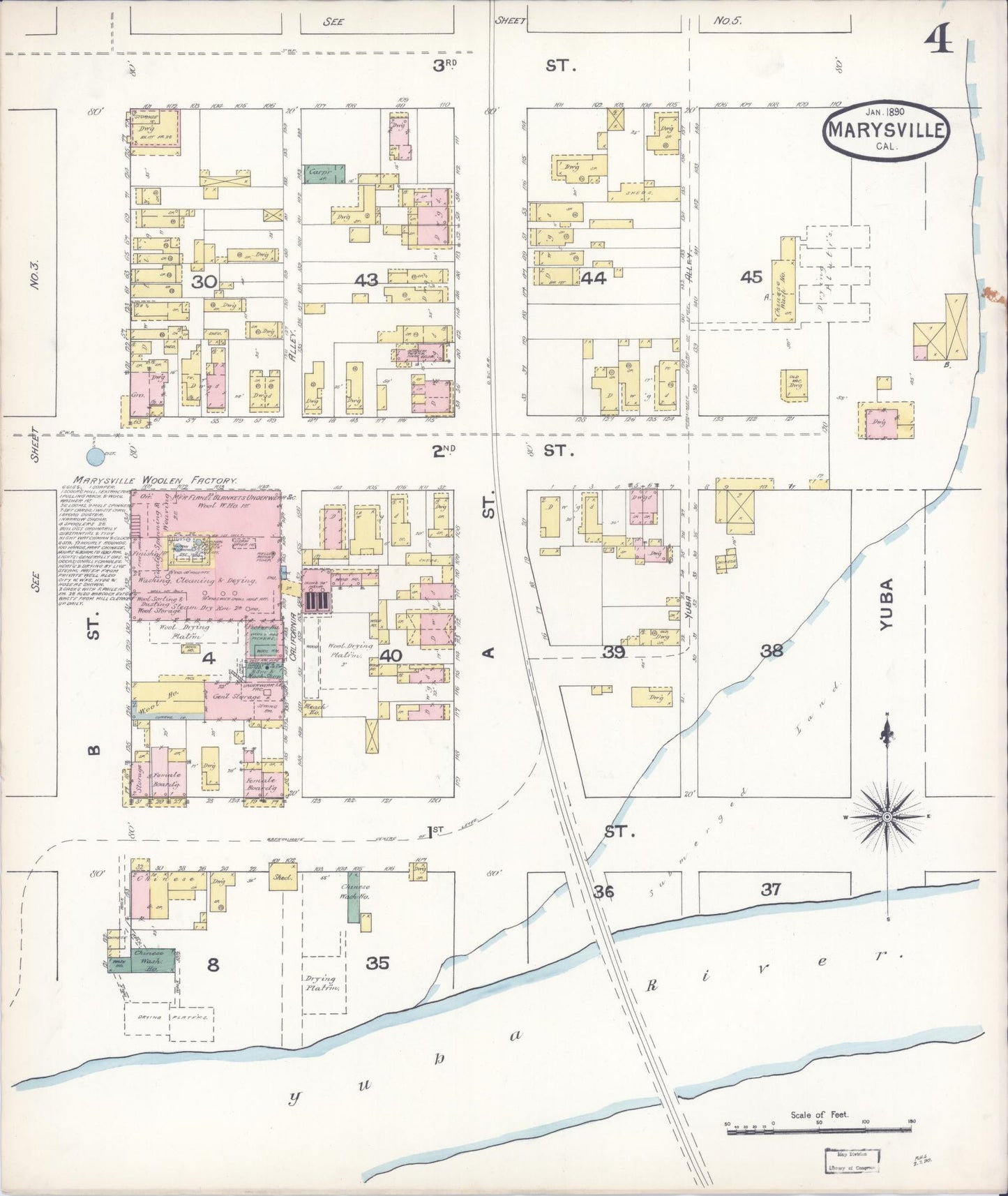 Sanborn Fire Insurance Map from Marysville, Yuba County, California (1890), Sheet #0004 - Historic Sanborn Fire Insurance Map Print, vintage old map wall art, antique decor, genealogy gift, California California map