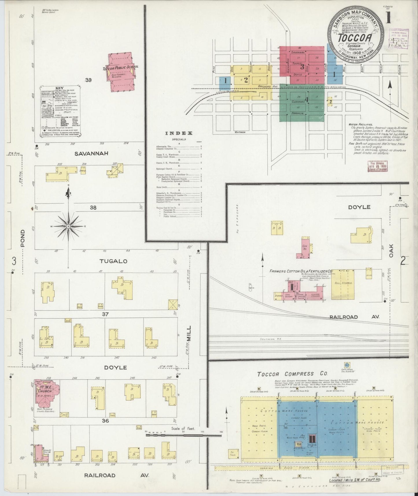 Sanborn Fire Insurance Map from Toccoa, Stephens County, Georgia (1908), Sheet #0001 - Historic Sanborn Fire Insurance Map Print, vintage old map wall art, antique decor, genealogy gift, Georgia Georgia map