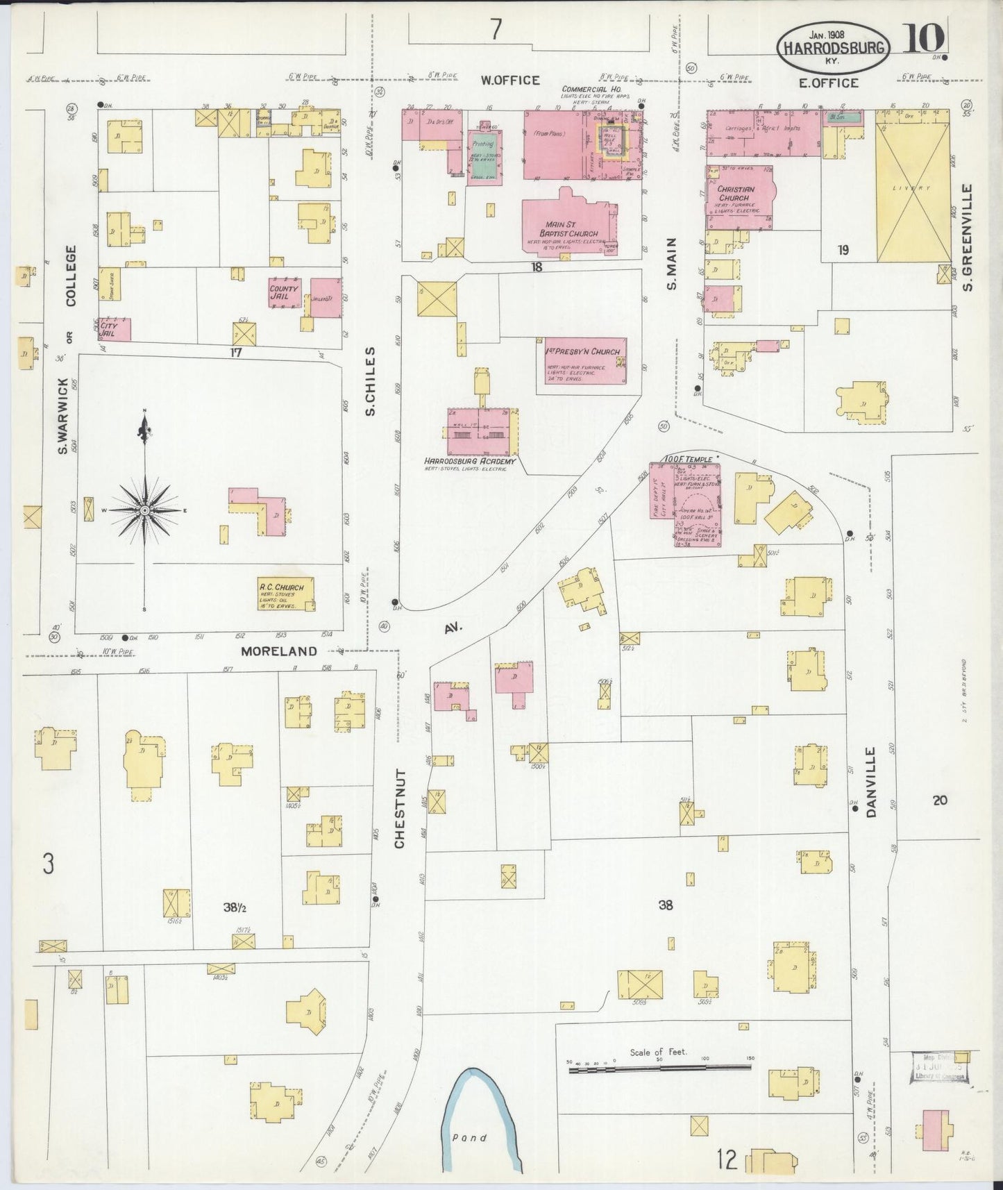 Sanborn Fire Insurance Map from Harrodsburg, Mercer County, Kentucky (1908), Sheet #0010 - Historic Sanborn Fire Insurance Map Print, vintage old map wall art, antique decor, genealogy gift, Kentucky Kentucky map