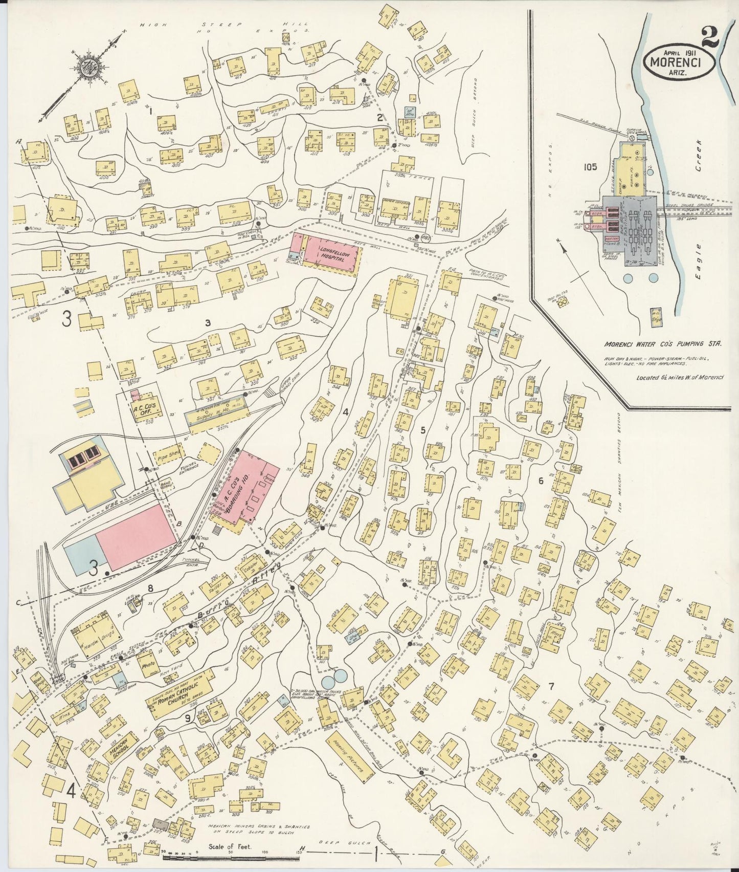 Sanborn Fire Insurance Map from Morenci, Greenlee County, Arizona (1911), Sheet #0002 - Historic Sanborn Fire Insurance Map Print, vintage old map wall art, antique decor, genealogy gift, Arizona Arizona map