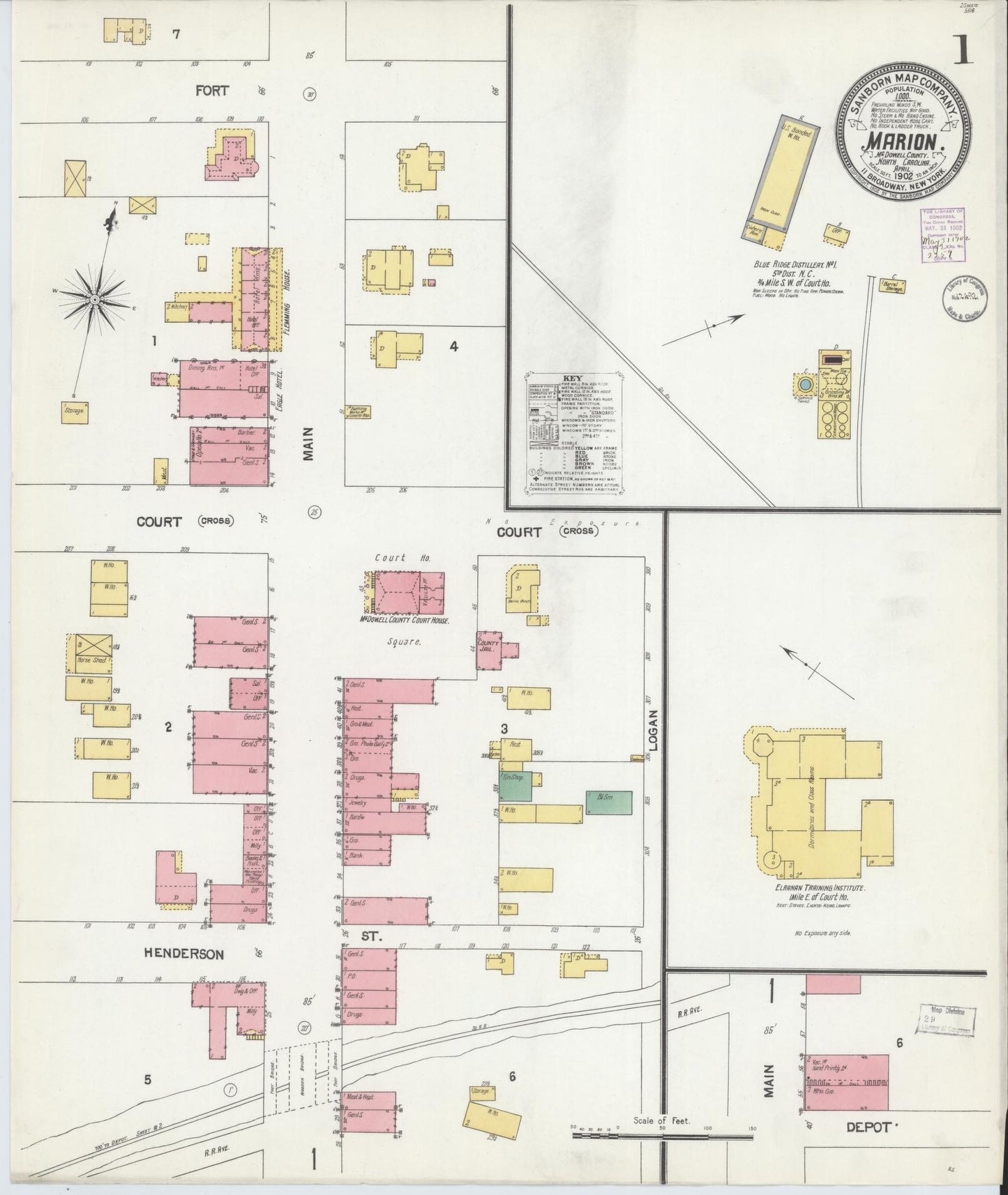 Sanborn Fire Insurance Map from Marion, Mcdowell County, North Carolina (1902), Sheet #0001 - Historic Sanborn Fire Insurance Map Print, vintage old map wall art, antique decor, genealogy gift, North Carolina North Carolina map
