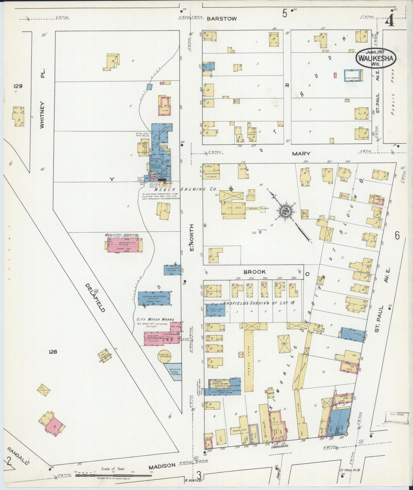 Sanborn Fire Insurance Map from Waukesha, Waukesha County, Wisconsin (1917), Sheet #0004 - Historic Sanborn Fire Insurance Map Print, vintage old map wall art, antique decor, genealogy gift, Wisconsin Wisconsin map