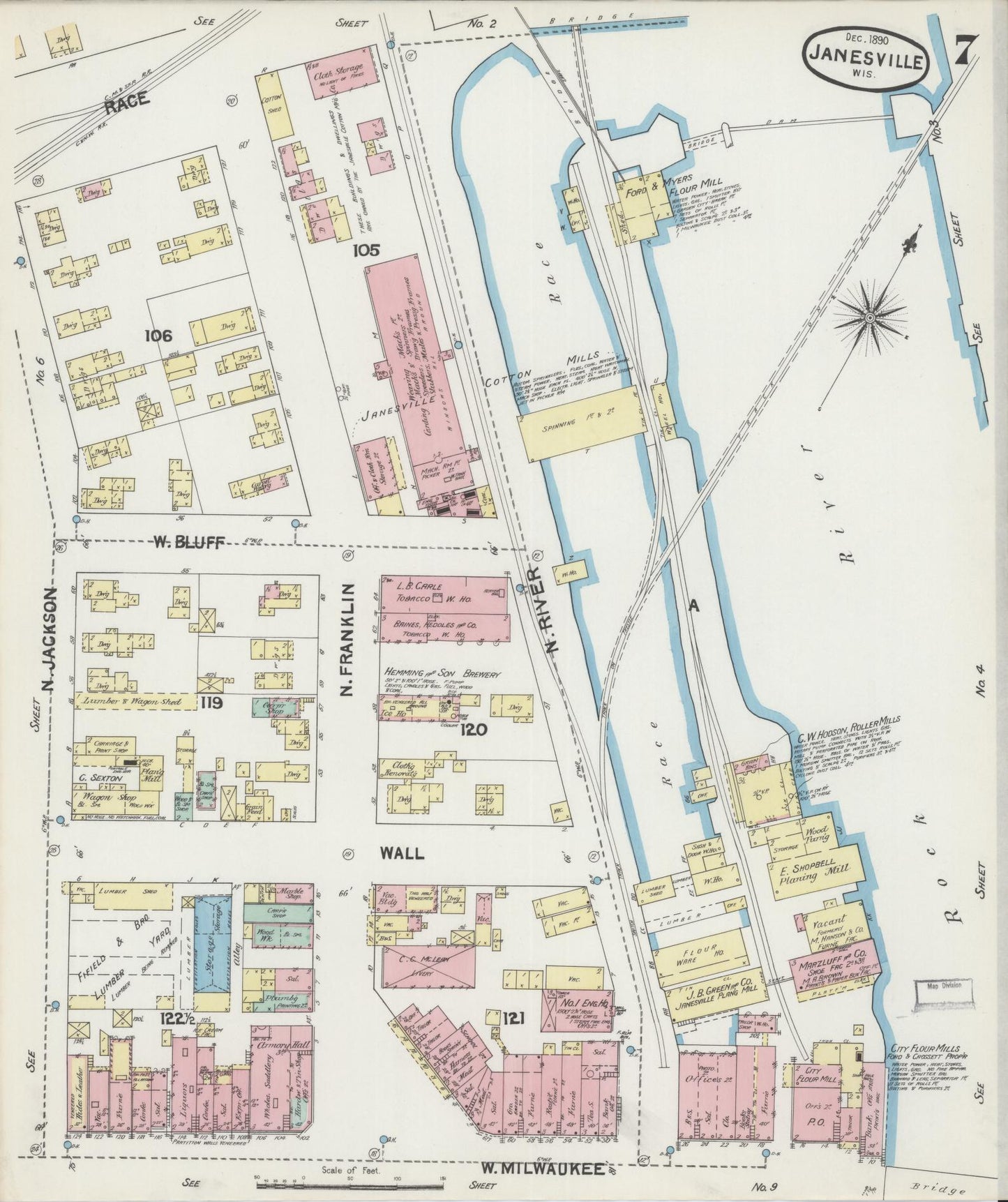 Sanborn Fire Insurance Map from Janesville, Rock County, Wisconsin (1890), Sheet #0007 - Historic Sanborn Fire Insurance Map Print, vintage old map wall art, antique decor, genealogy gift, Wisconsin Wisconsin map
