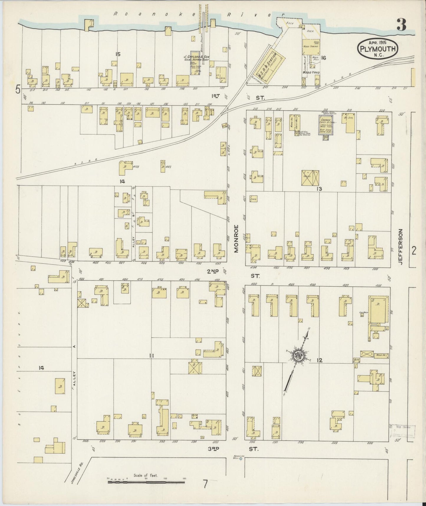 Sanborn Fire Insurance Map from Plymouth, Washington County, North Carolina (1915), Sheet #0003 - Historic Sanborn Fire Insurance Map Print, vintage old map wall art, antique decor, genealogy gift, North Carolina North Carolina map
