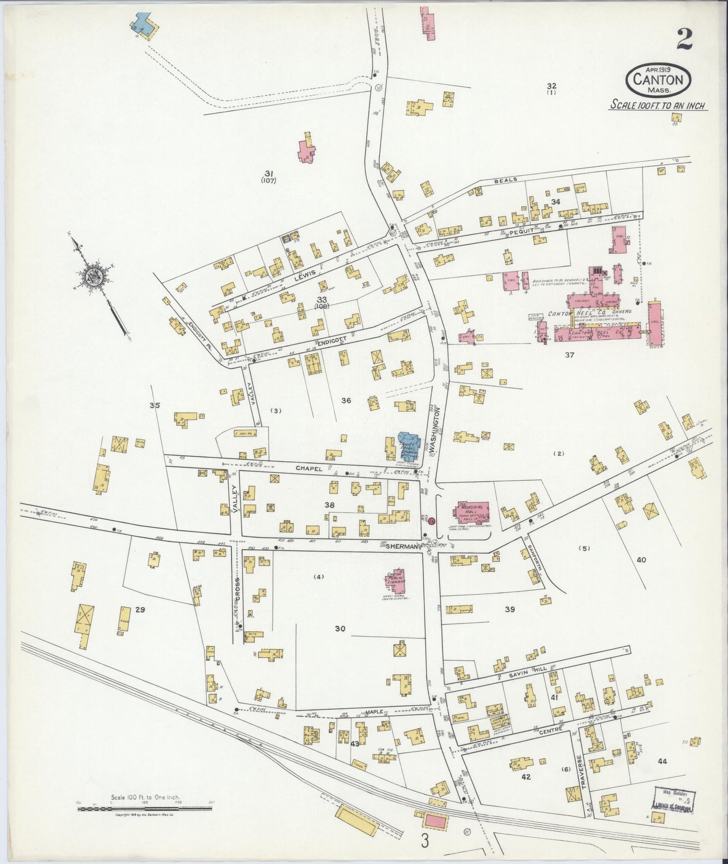 Sanborn Fire Insurance Map from Canton, Norfolk County, Massachusetts (1919), Sheet #0002 - Historic Sanborn Fire Insurance Map Print, vintage old map wall art, antique decor, genealogy gift, Massachusetts Massachusetts map