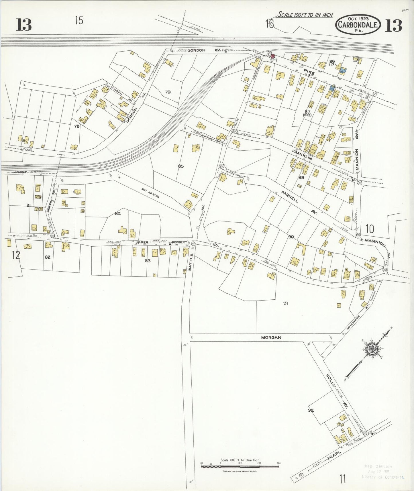 Sanborn Fire Insurance Map from Carbondale, Lackawanna County, Pennsylvania (1923), Sheet #0013 - Historic Sanborn Fire Insurance Map Print, vintage old map wall art, antique decor, genealogy gift, Pennsylvania Pennsylvania map