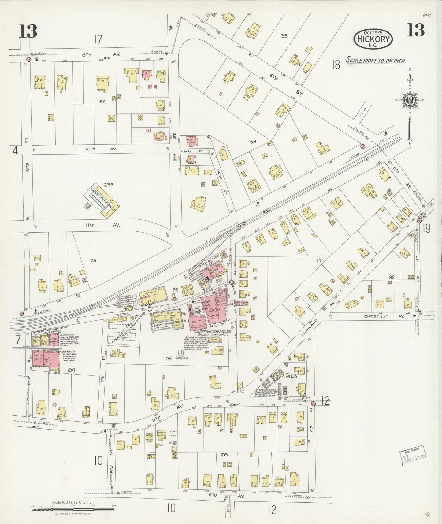 Sanborn Fire Insurance Map from Hickory, Catawba County, North Carolina (1925), Sheet #0013 - Historic Sanborn Fire Insurance Map Print, vintage old map wall art, antique decor, genealogy gift, North Carolina North Carolina map