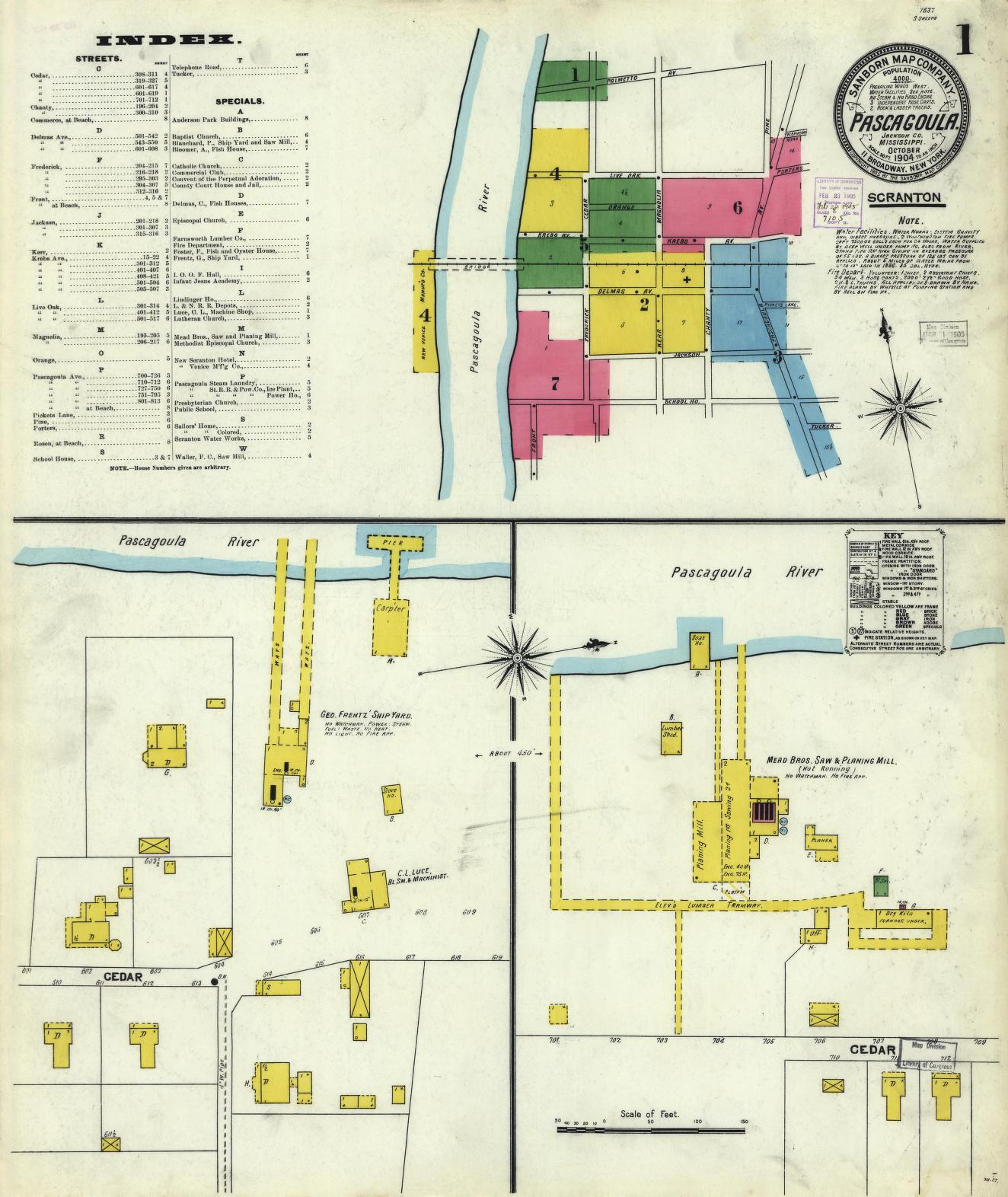 Sanborn Fire Insurance Map from Pascagoula, Jackson County, Mississippi (1904), Sheet #0001 - Historic Sanborn Fire Insurance Map Print, vintage old map wall art, antique decor, genealogy gift, Mississippi Mississippi map