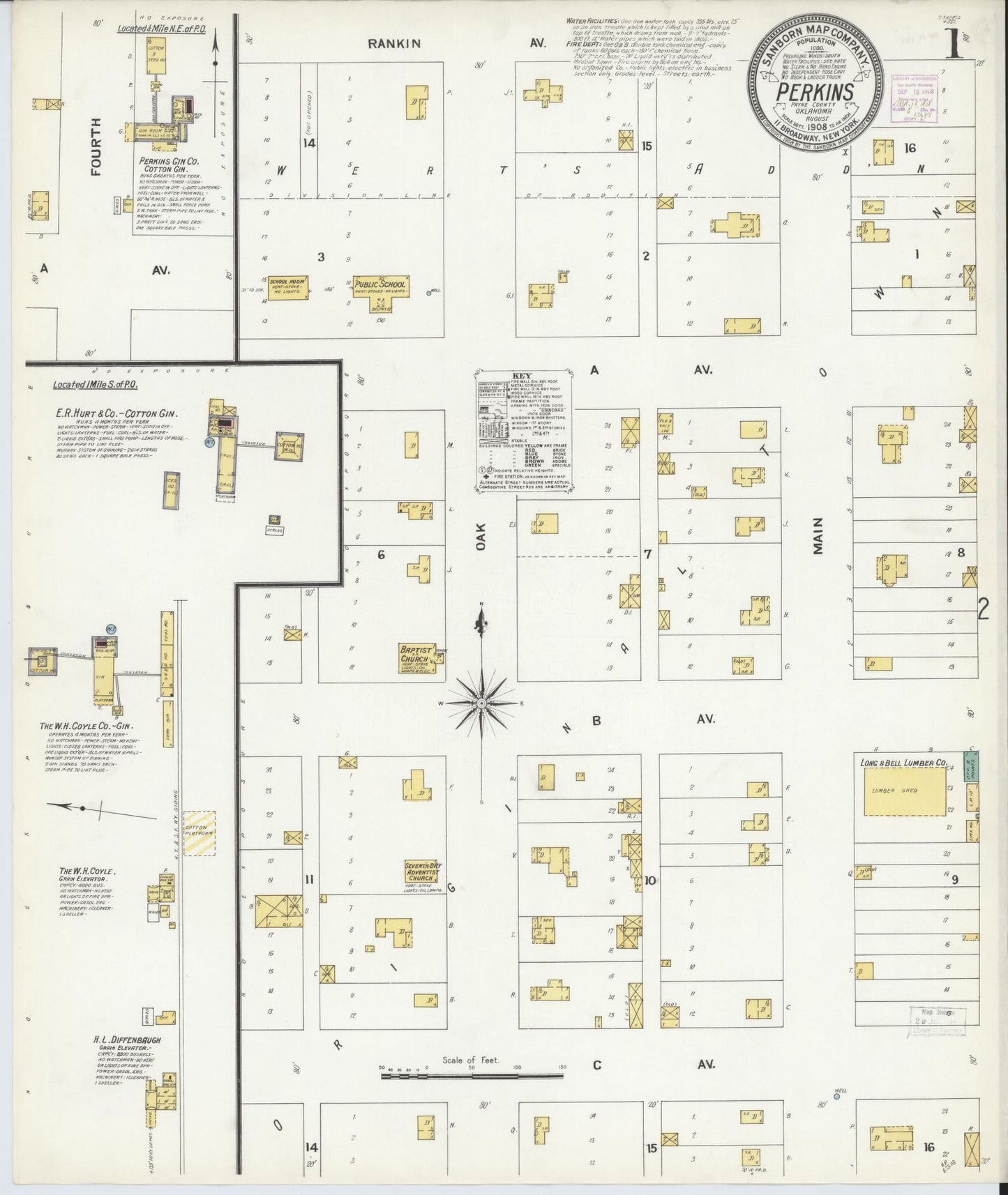 Sanborn Fire Insurance Map from Perkins, Payne County, Oklahoma (1908), Sheet #0001 - Historic Sanborn Fire Insurance Map Print, vintage old map wall art, antique decor, genealogy gift, Oklahoma Oklahoma map