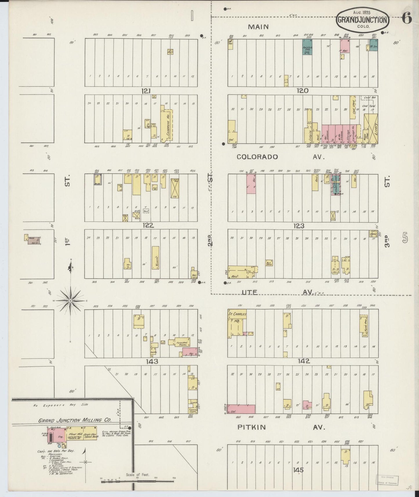 Sanborn Fire Insurance Map from Grand Junction, Mesa County, Colorado (1893), Sheet #0006 - Historic Sanborn Fire Insurance Map Print, vintage old map wall art, antique decor, genealogy gift, Colorado Colorado map