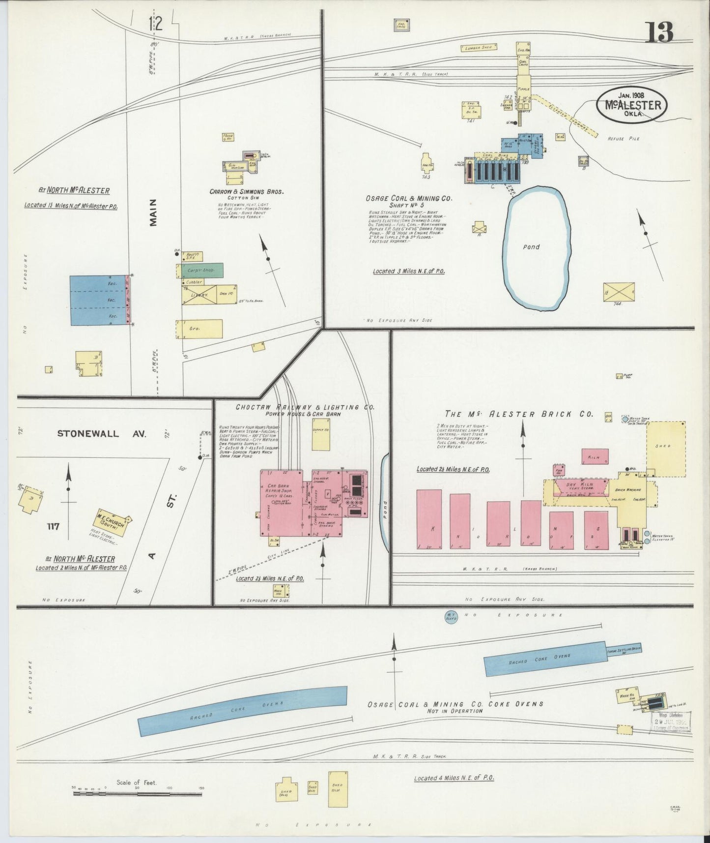 Sanborn Fire Insurance Map from McAlester, Pittsburg County, Oklahoma (1908), Sheet #0013 - Historic Sanborn Fire Insurance Map Print, vintage old map wall art, antique decor, genealogy gift, Oklahoma Oklahoma map