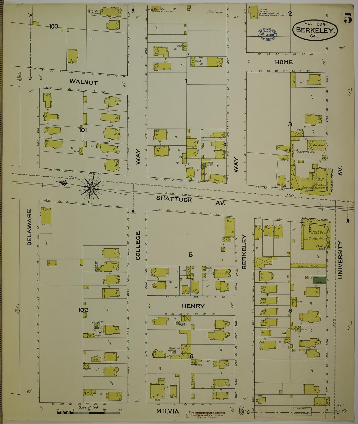 Sanborn Fire Insurance Map from Berkeley, Alameda County, California (1894), Sheet #0005 - Historic Sanborn Fire Insurance Map Print, vintage old map wall art, antique decor, genealogy gift, California California map