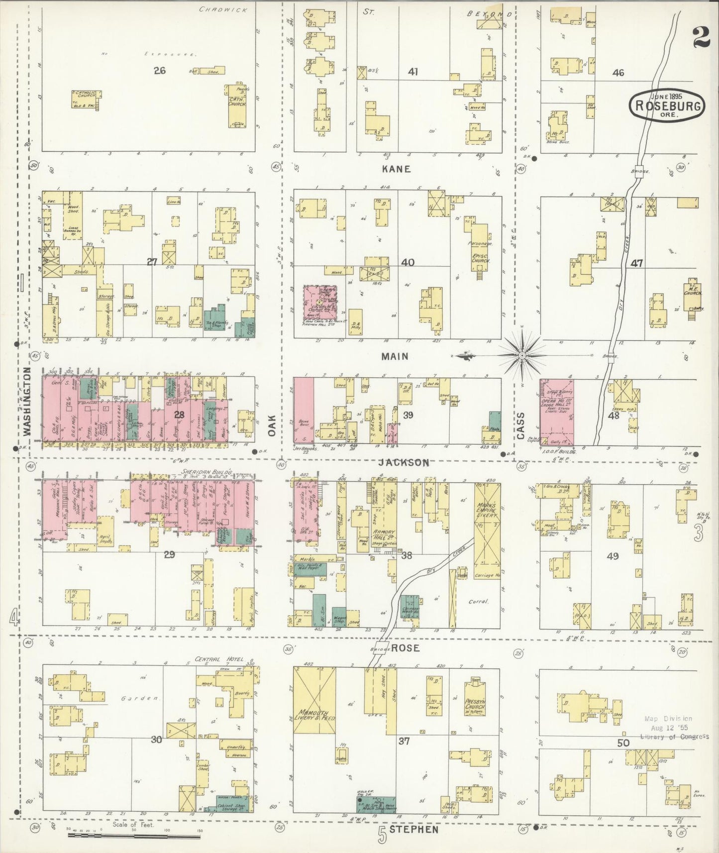 Sanborn Fire Insurance Map from Roseburg, Douglas County, Oregon (1895), Sheet #0002 - Historic Sanborn Fire Insurance Map Print, vintage old map wall art, antique decor, genealogy gift, Oregon Oregon map
