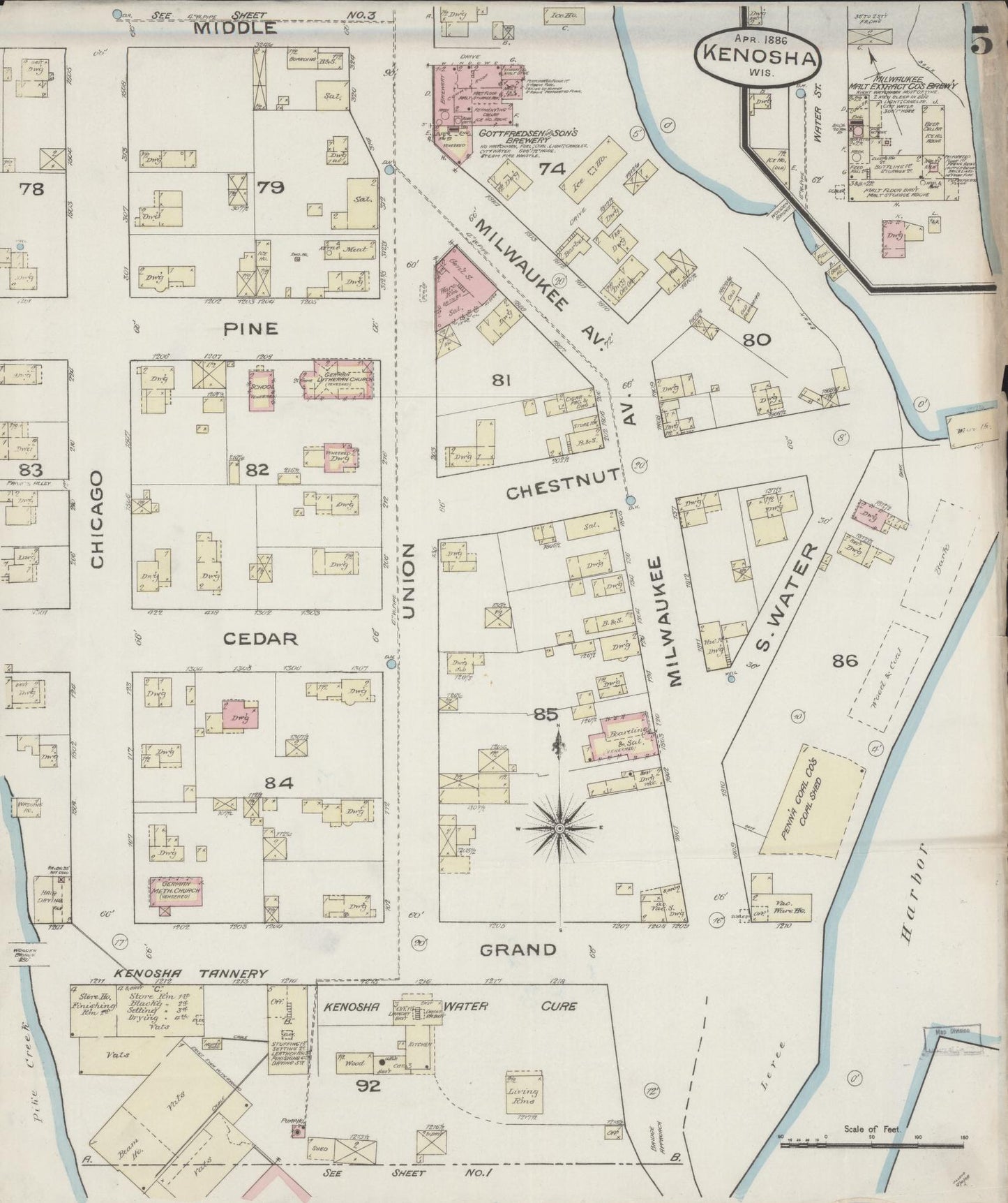 Sanborn Fire Insurance Map from Kenosha, Kenosha County, Wisconsin (1886), Sheet #0005 - Historic Sanborn Fire Insurance Map Print, vintage old map wall art, antique decor, genealogy gift, Wisconsin Wisconsin map