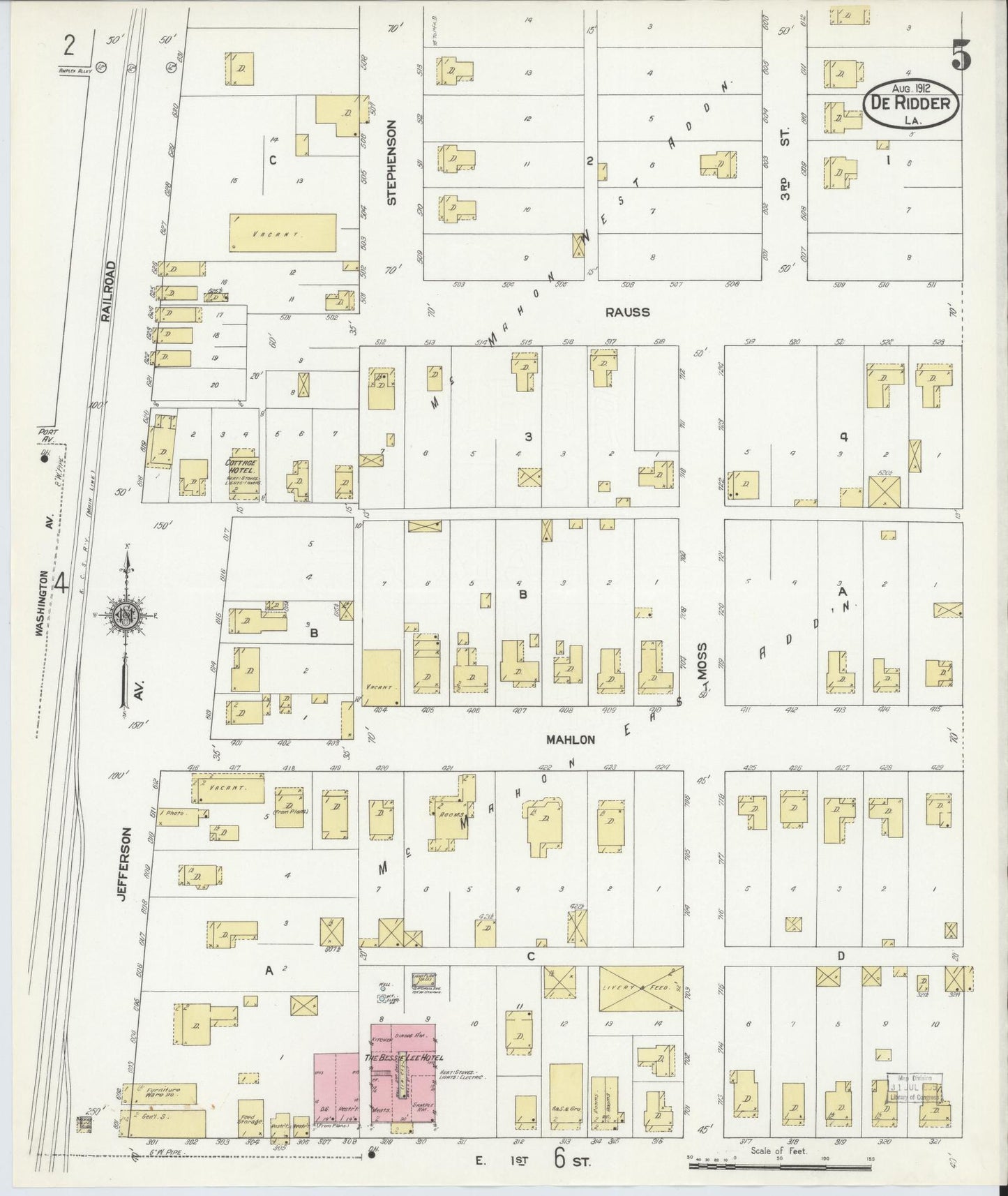 Sanborn Fire Insurance Map from De Ridder, Beauregard Parish, Louisiana (1912), Sheet #0005 - Historic Sanborn Fire Insurance Map Print, vintage old map wall art, antique decor, genealogy gift, Louisiana Louisiana map