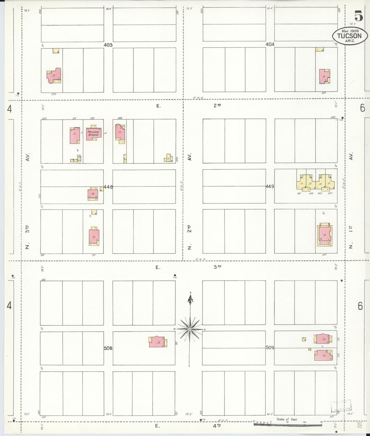 Sanborn Fire Insurance Map from Tucson, Pima County, Arizona (1909), Sheet #0005 - Historic Sanborn Fire Insurance Map Print, vintage old map wall art, antique decor, genealogy gift, Arizona Arizona map