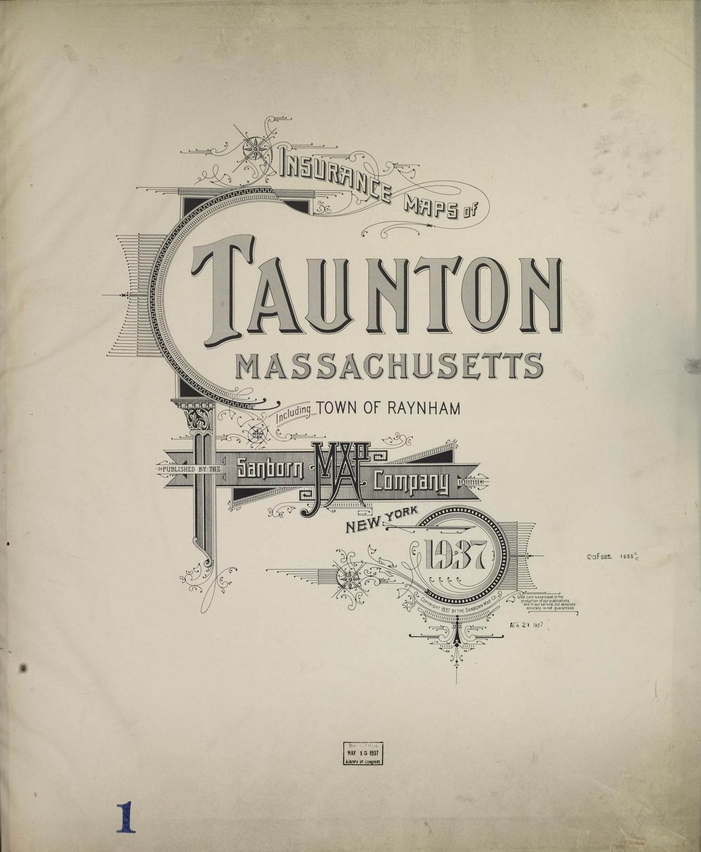 Sanborn Fire Insurance Map from Taunton, Bristol County, Massachusetts (1937), Sheet #0001 - Historic Sanborn Fire Insurance Map Print, vintage old map wall art, antique decor, genealogy gift, Massachusetts Massachusetts map