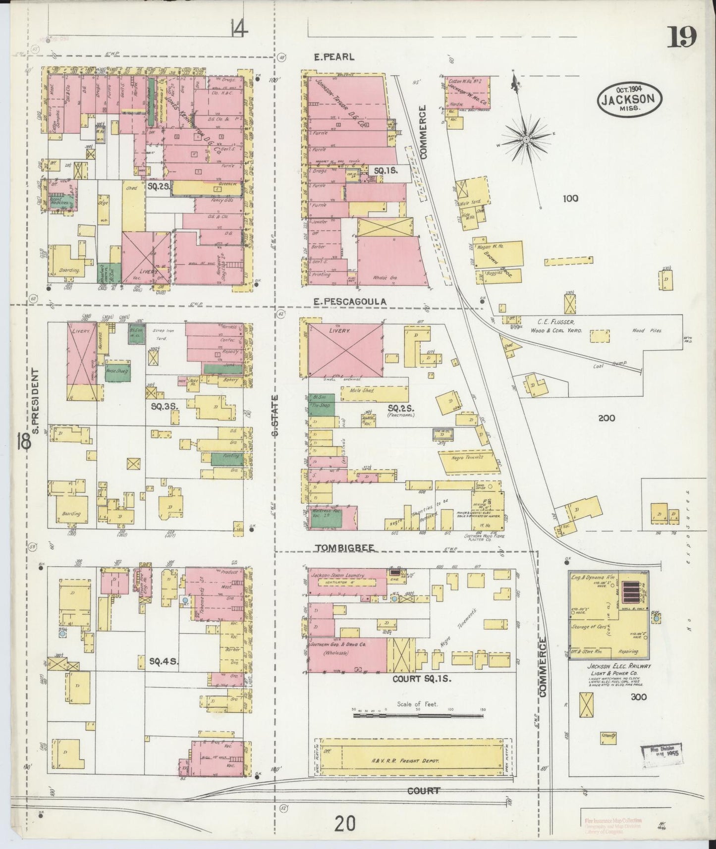 Sanborn Fire Insurance Map from Jackson, Hinds County, Mississippi (1904), Sheet #0019 - Historic Sanborn Fire Insurance Map Print, vintage old map wall art, antique decor, genealogy gift, Mississippi Mississippi map